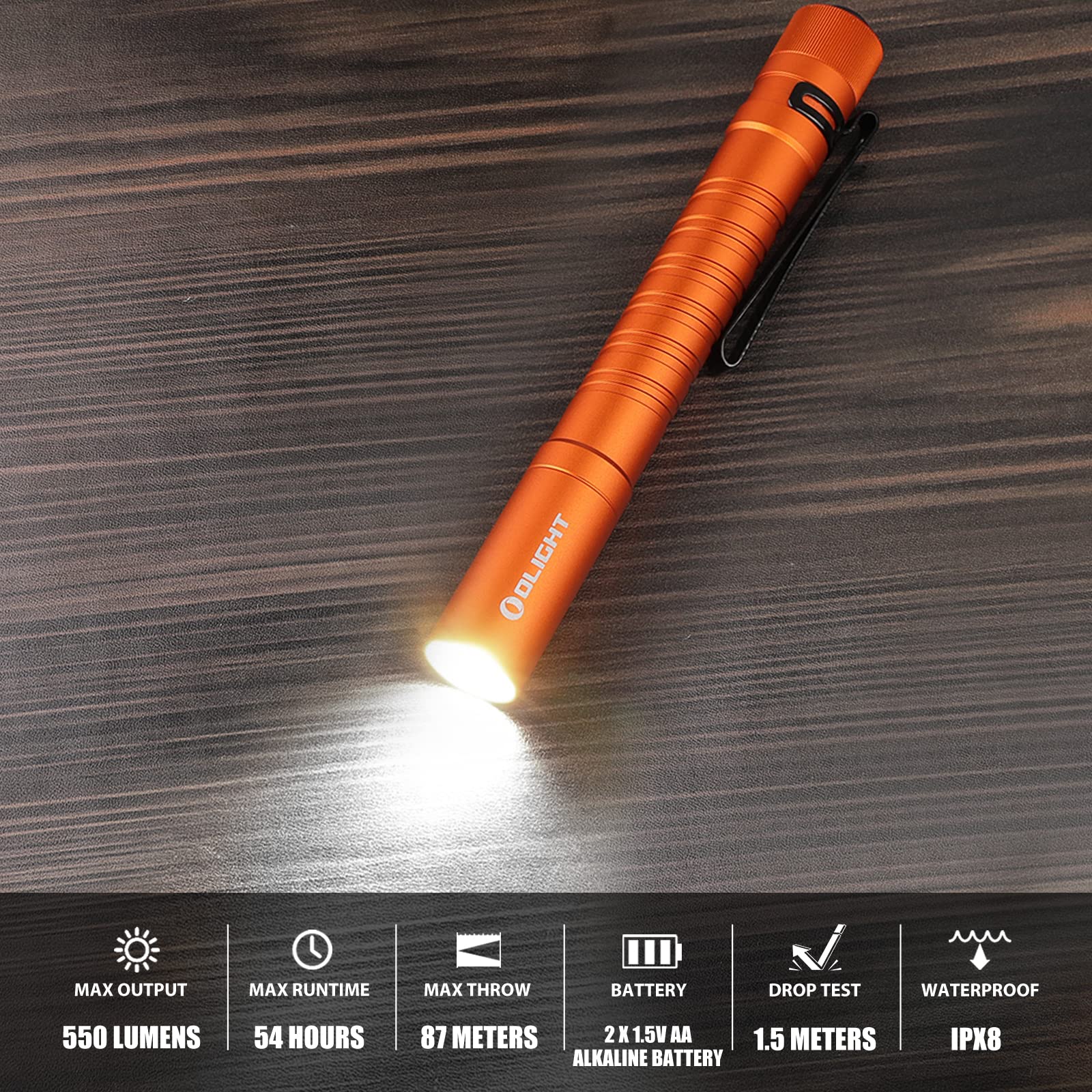 OLIGHT I5T PLUS Luce Tascabile Sottile 550 Lumen con Clip, LED Portatile EDC Piccola Torcia Due Batterie AA, Torcia Impermeabile IPX8, Adatta per Uso Domestico o Esterno (Arancia)
