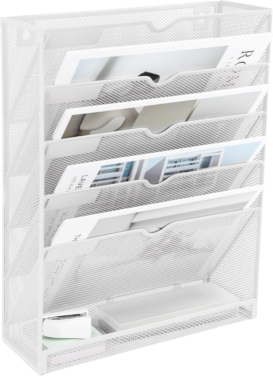 EASEPRES 6 Tier Mesh Hanging Wall File Organizer, Desk Vertical Mail Paper Document Folder Holder Rack with Bottom Tray and Nametag Label for Office Home School, White