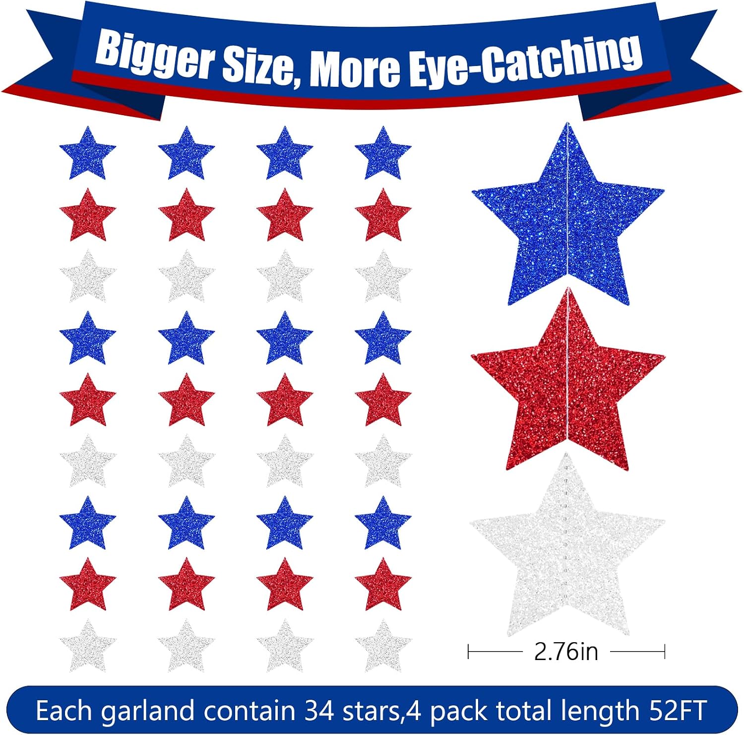 Glitter Red White and Blue Star Garland Streamers Banner 52 FT, Paper
