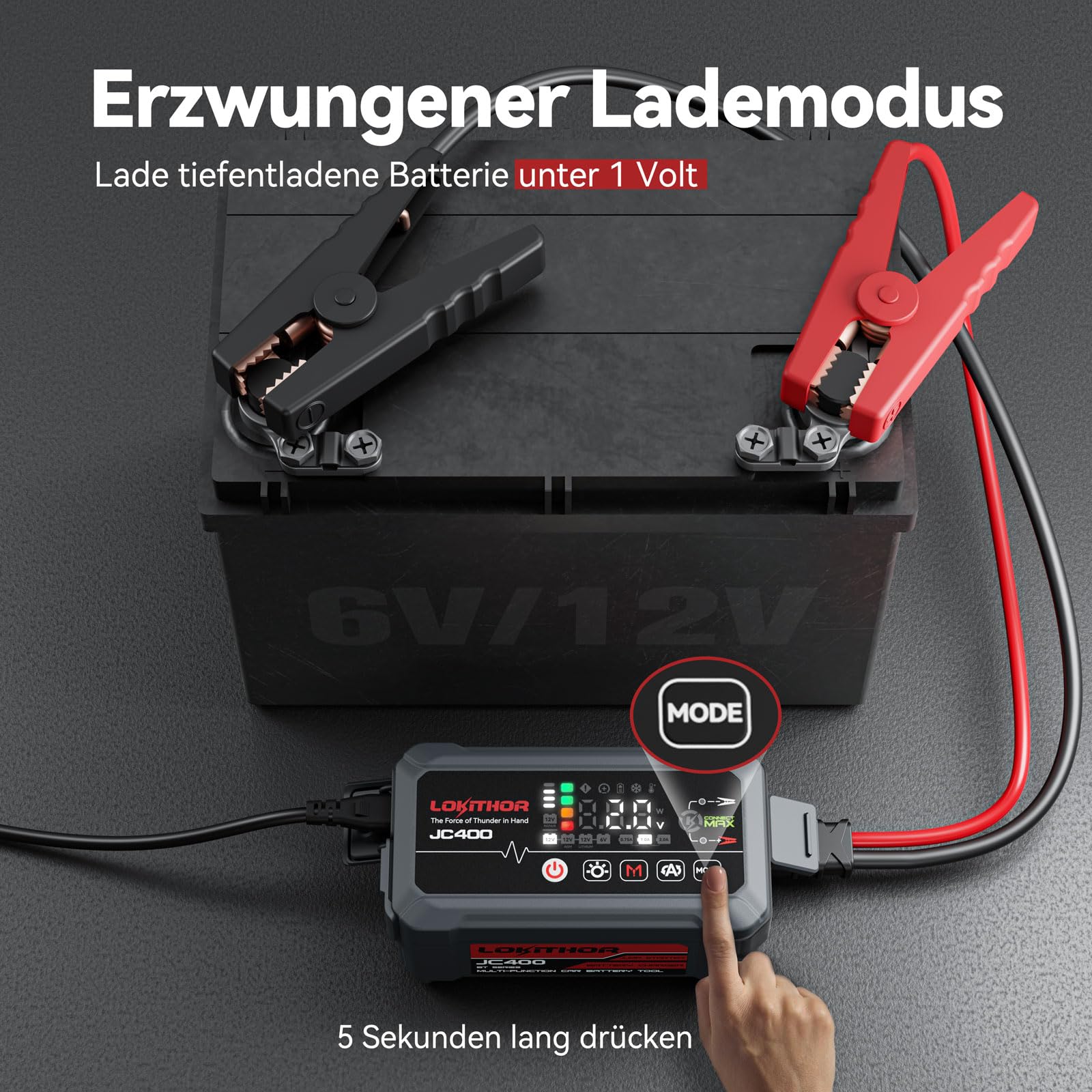 LOKITHOR JC400 9-in-1 Batterieladegerät mit Starthilfe Powerbank für Pkw, 2500A 12V Autostarter Powerpack für Autos bis 8,5L Benzin/6,5L Diesel, 6V/12V Autobatterie-Erhaltungsladegerät und Desulfator