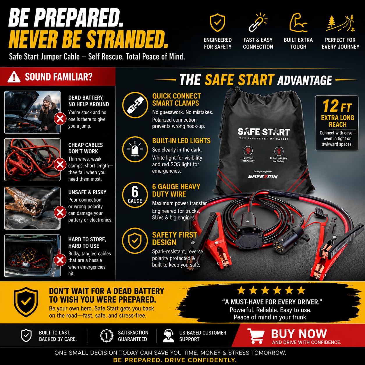 Safe Start Cavo di avviamento | Cavi di avviamento per camion, SUV, auto di salvataggio auto | Connessione rapida, luci integrate, portatile, prioritaria alla sicurezza | Filo calibro 6, 3,5 m.