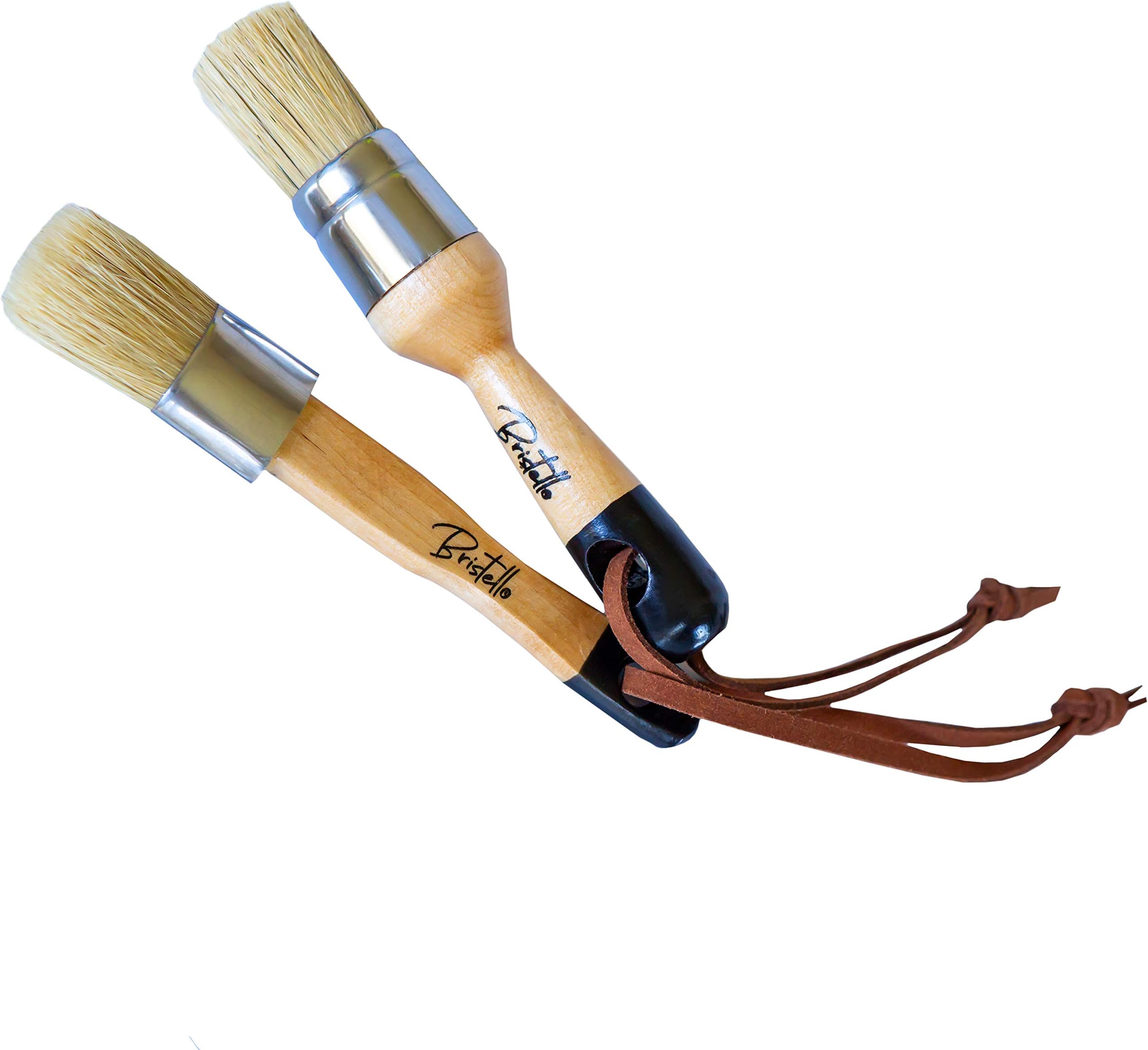 Chalk & Wax Paint Brush Set - 1x Flat & Round Furniture Brushes - 1' Small Paint Brush Duo Stencil, Milk & Wax Paintbrush