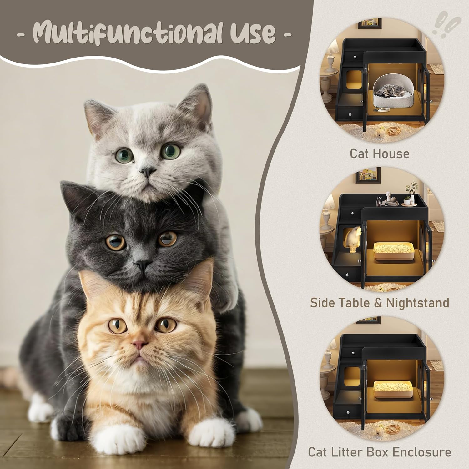 Cat Litter Box Enclosure with Light, 33" Hidden Litter Box Furniture with 2 Storage Drawers and 3 Side Stairs, Indoor Cat House Side Table for Living Room, Black