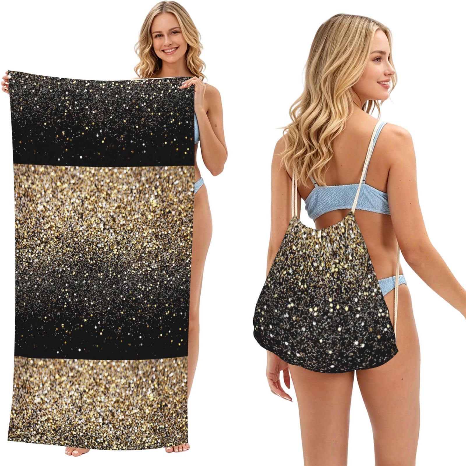 Poadnly As Picture Black & Gold Sparkle, 2 In 1 Packable Towel Bag, Beach Towels With Drawstring Backpack For Travel Holiday Camping