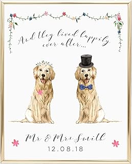 Dog Wedding Gift Ideas for Bride and Groom Personalised, Names of Your Choice, Mr and Mrs Gifts for Wedding Sentimental, Golden Retriever Wedding Print Watercolour, Unframed, Breed of Your Choice