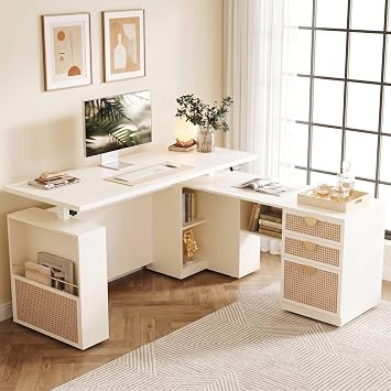 ModernMate 63" L Shaped Electric Standing Desk, Privacy Panel | White Rattan, 1.18" Desktop Executive Height Adjustable Desk for Home Office