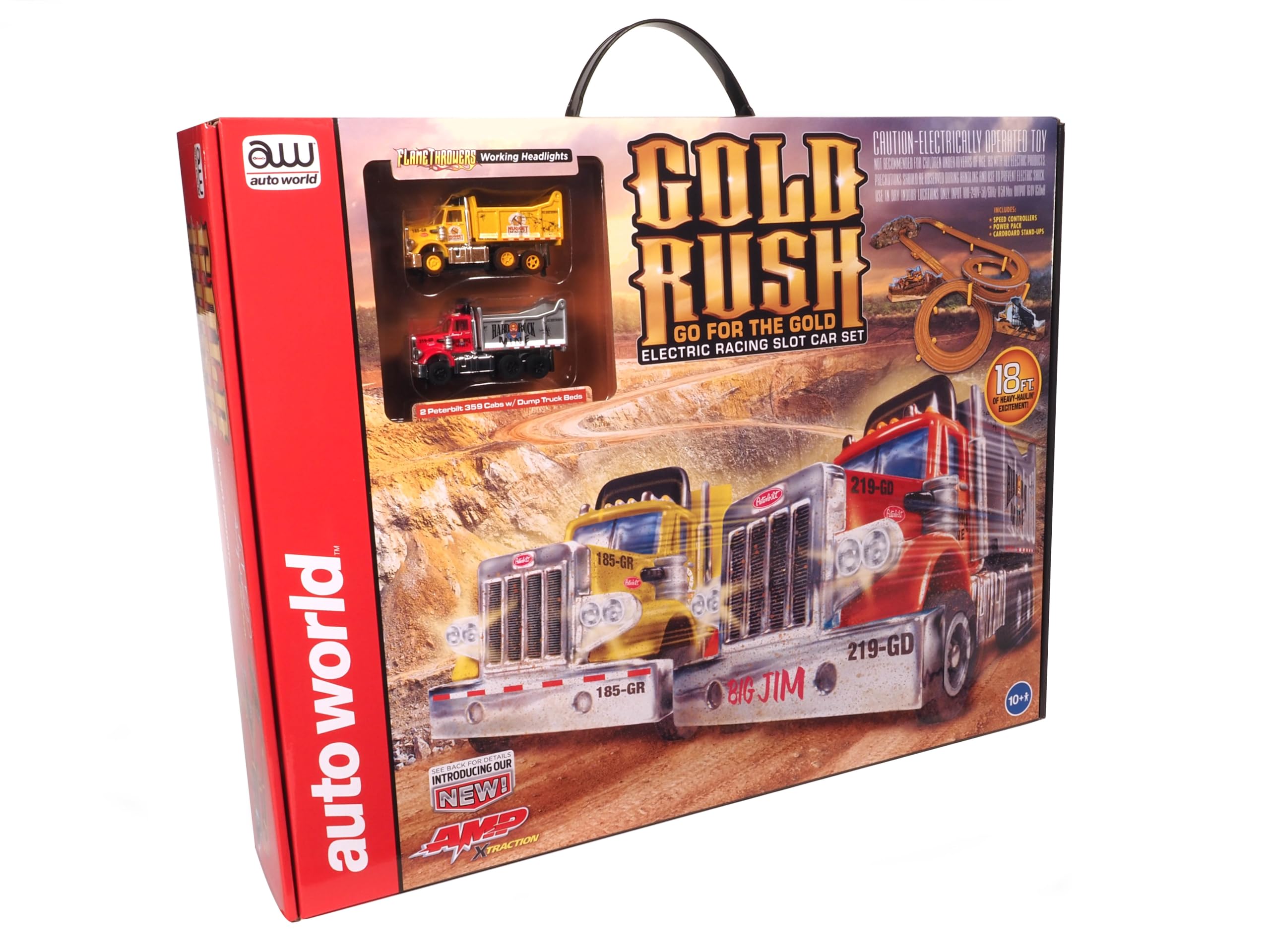 Auto World 18' Gold Rush Go for The Gold Slot Race Set HO Scale with AMP Xtraction Cars and Working Headlights