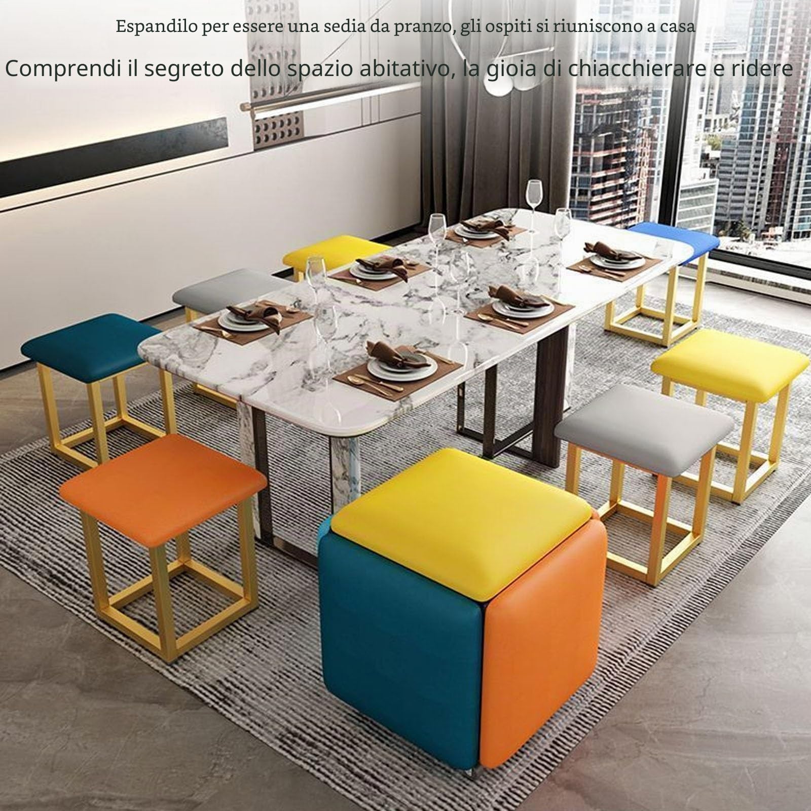 Sgabello 5 in 1, impilabile, per interni, salvaspazio, elegante e multifunzione (D, 45 x 45 cm)