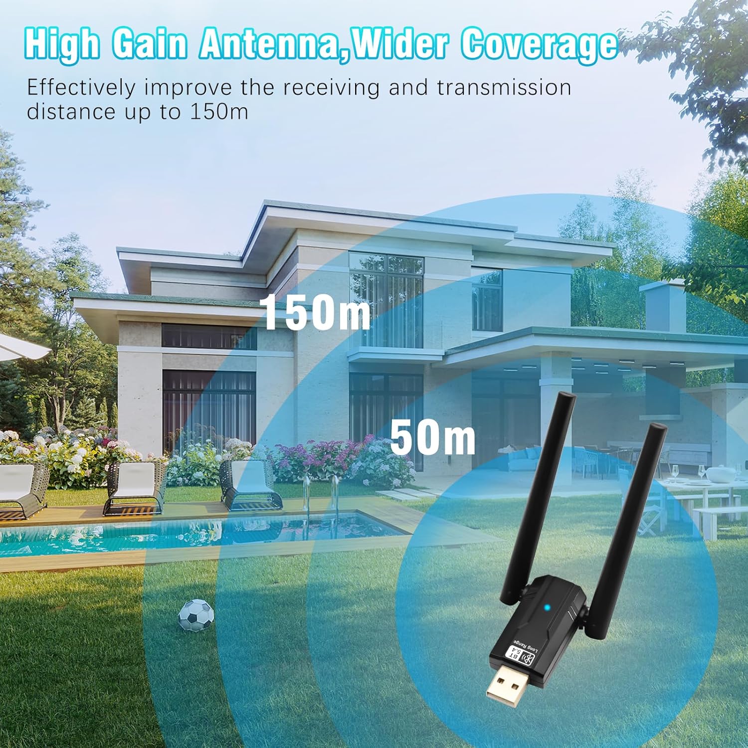 RUIZHI Bluetooth 5.4 USB Dongle illustrating 150m long-range transmission