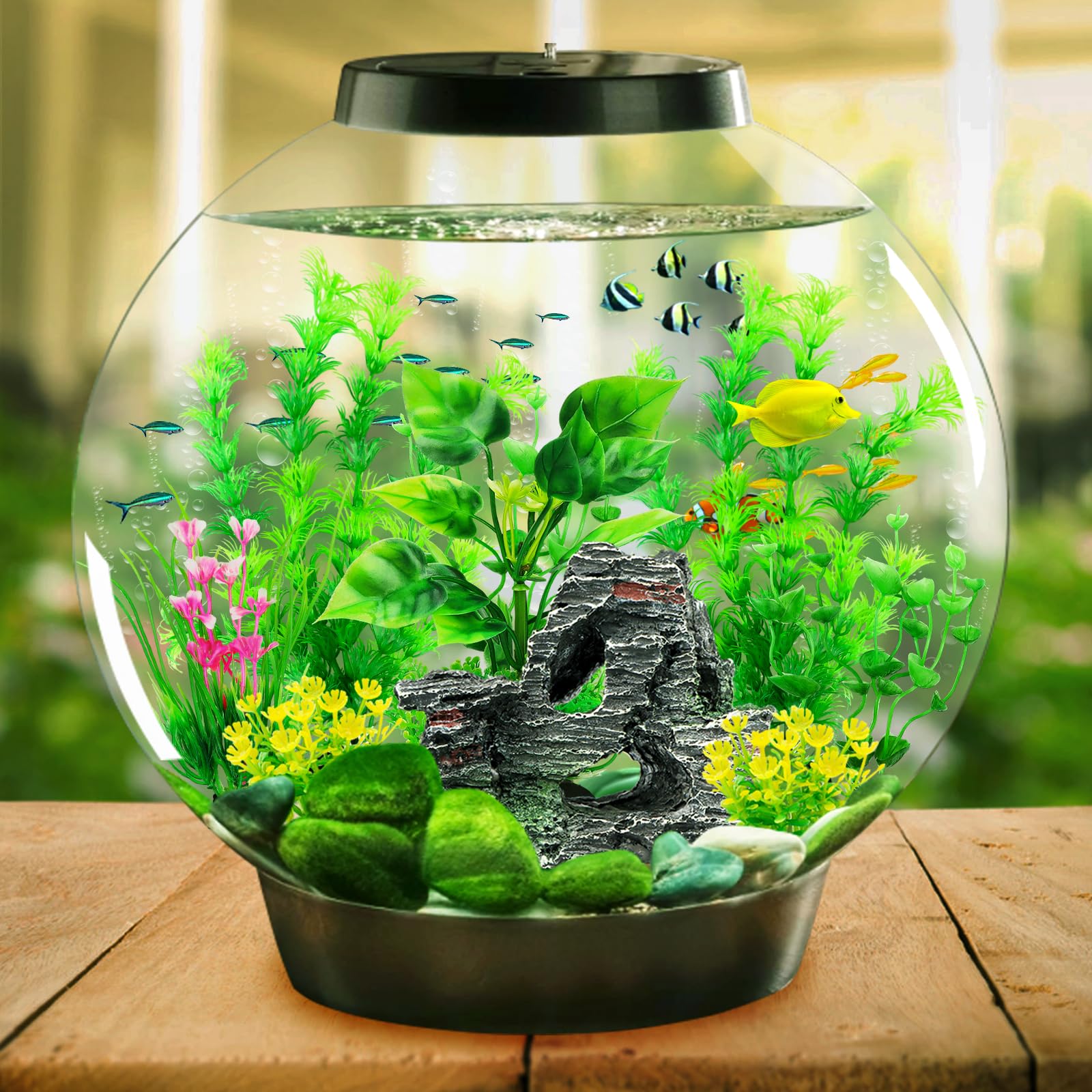 QUOZUO Aquarium-Zubehör, künstliche Pflanzen, 9 Stück, grüne Aquarium-Dekorationen, Pflanzen und Höhlen, Felsen, Dekor-Set, Aquarium-Dekoration, Kunststoffpflanzen