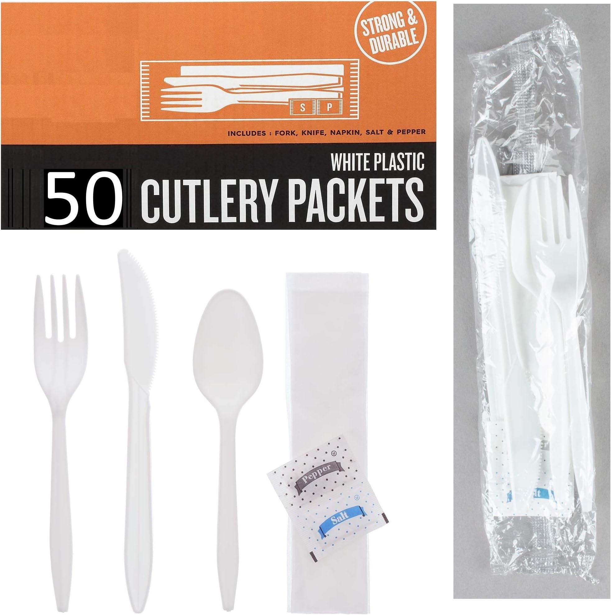 Plastic Cutlery Packets - Knife Fork Spoon Napkin Salt Pepper Sets | Black Plastic Silverware Sets Individually Wrapped Cutlery Kits (50 Pack, White)