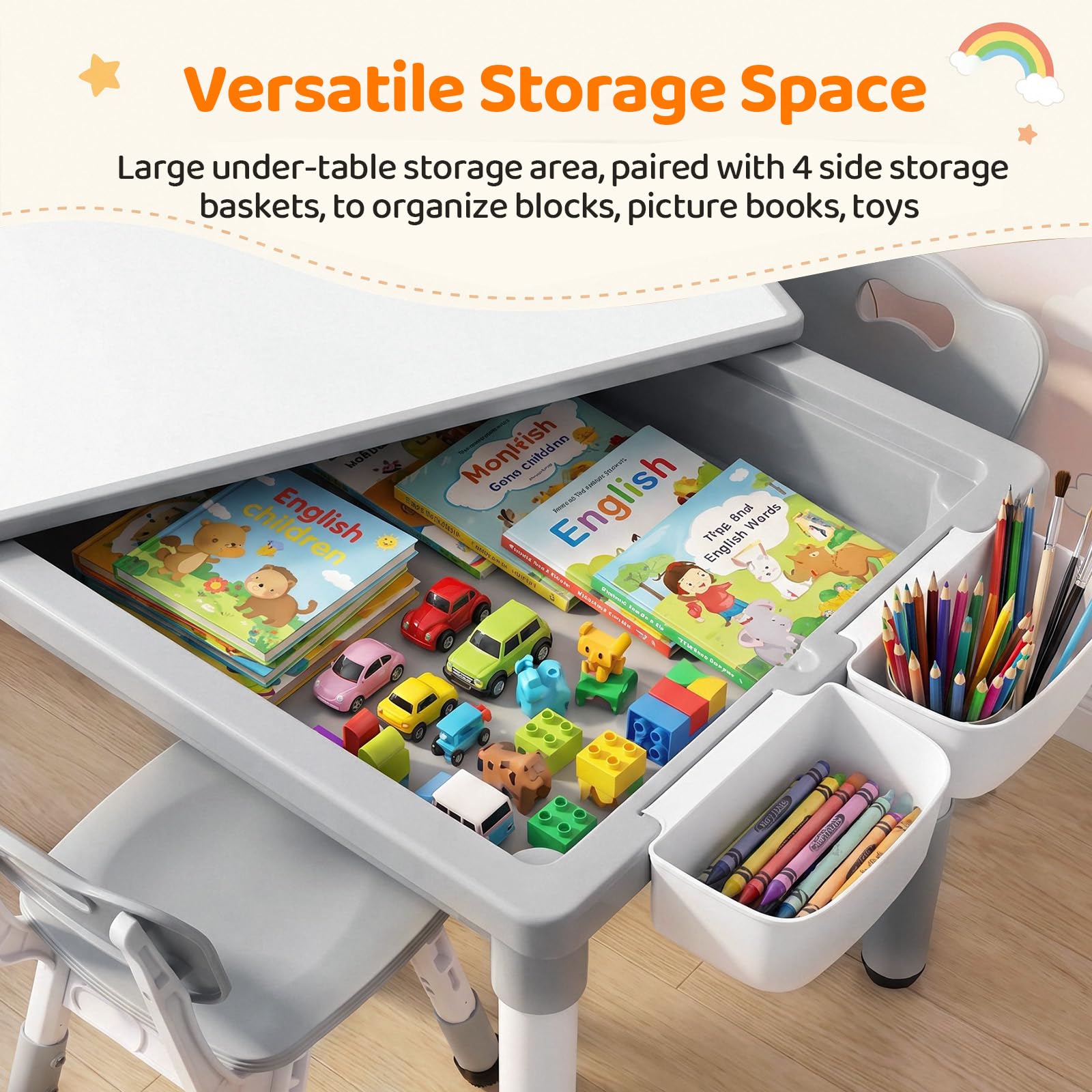 MAMIZO Kindertisch mit 2 Stühlen, kindertisch stauraum & Wendeplatte,Grau | Tisch Stuhl höhenverstellbar & 88 x 63cm Graffiti-Tischplatte & Baustein Tisch Stuhl Set ,Aktivitätstisch Kinderzimmer Schule