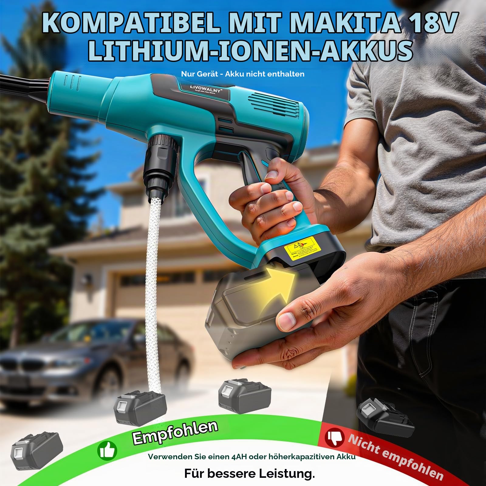 LIVOWALNY Akku-Hochdruckreiniger 82 Bar, kompatibel mit Makita 18V Akkus