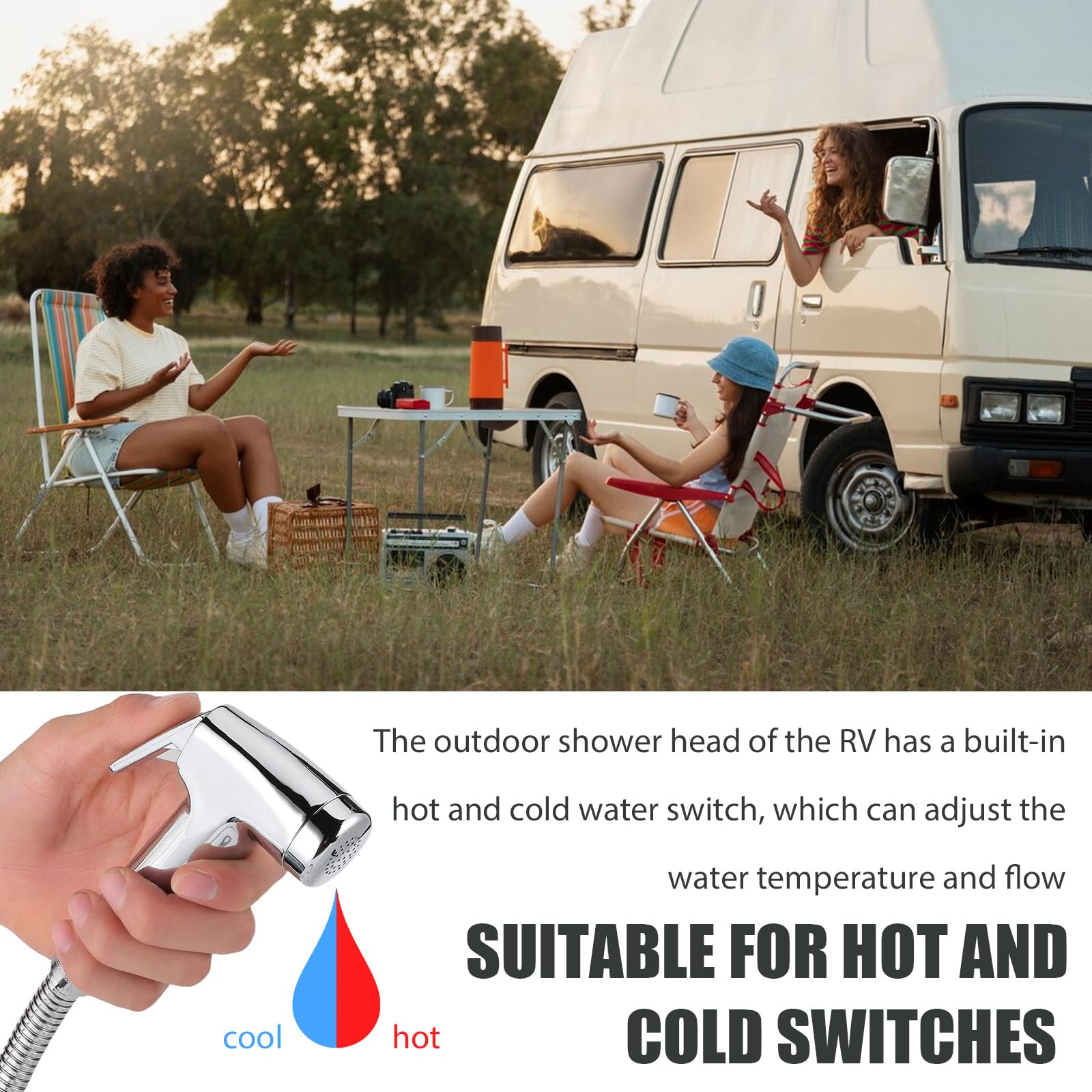 Ducha Extensible para Autocaravana Blanca con Manguera Metálica 1.5 M, Válvula Calor/Frío, Kit para Barco y Camping con Caja