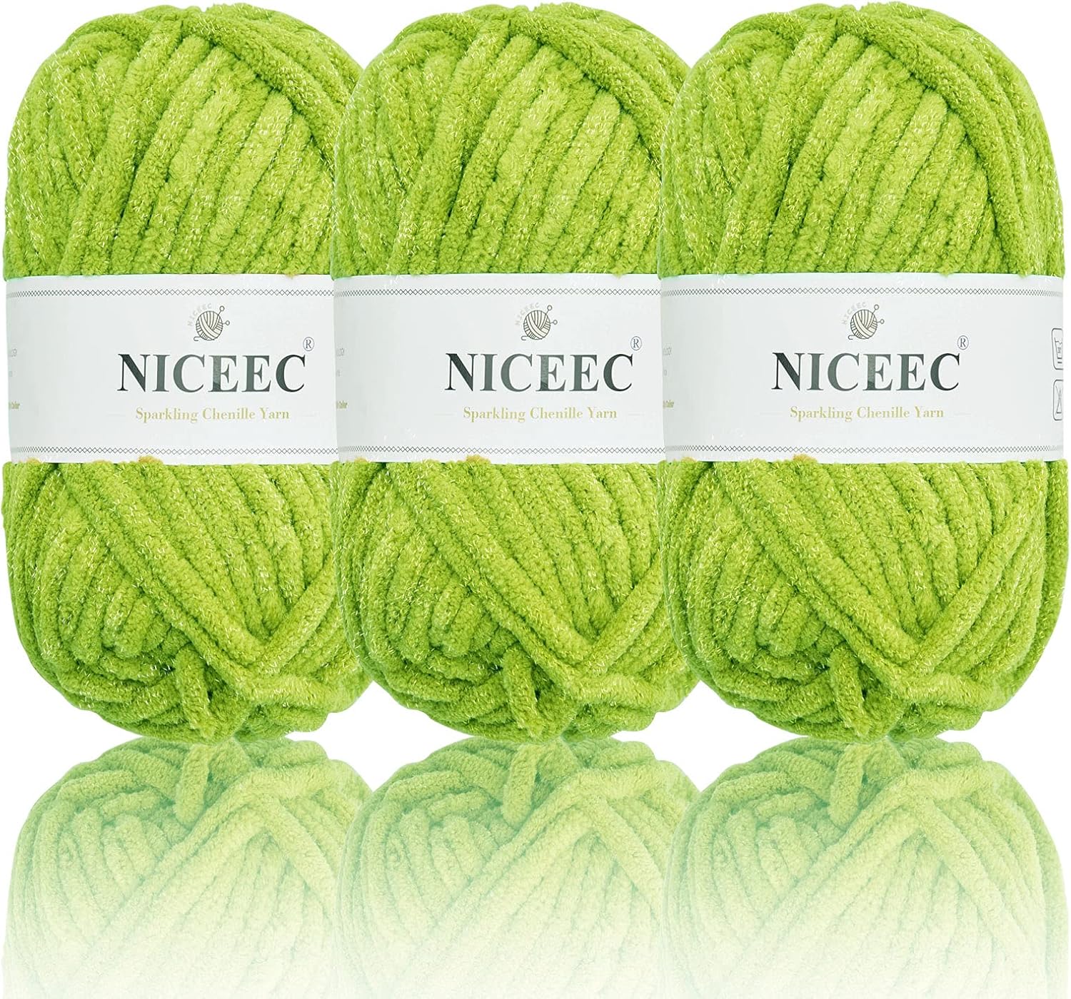 NICEEC 3 Skeins Sparkling Chenille Yarn Soft Yarn for Crochet Knitting Blanket Yarn DIY Craft Yarn for Blanket-Total Length 3×50m(3×55yds,100g×3) -Spring Green