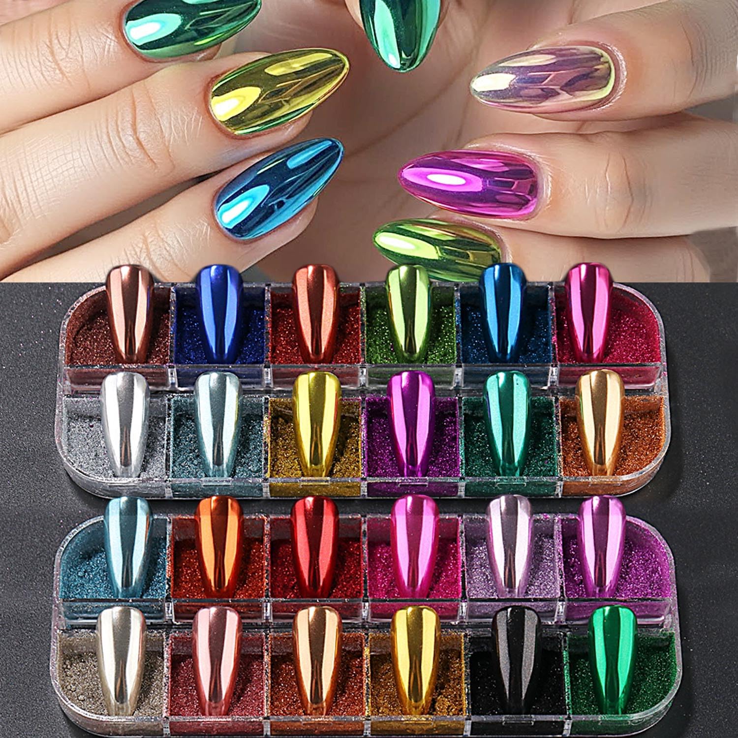 2 Box Inclue 24 Colors Metallic Mirror Chrome Nail Powder Set High Gloss Holographic Fine Glitter Pigment for Gel Polish Nail Art Decoration,Home DIY Salon Use