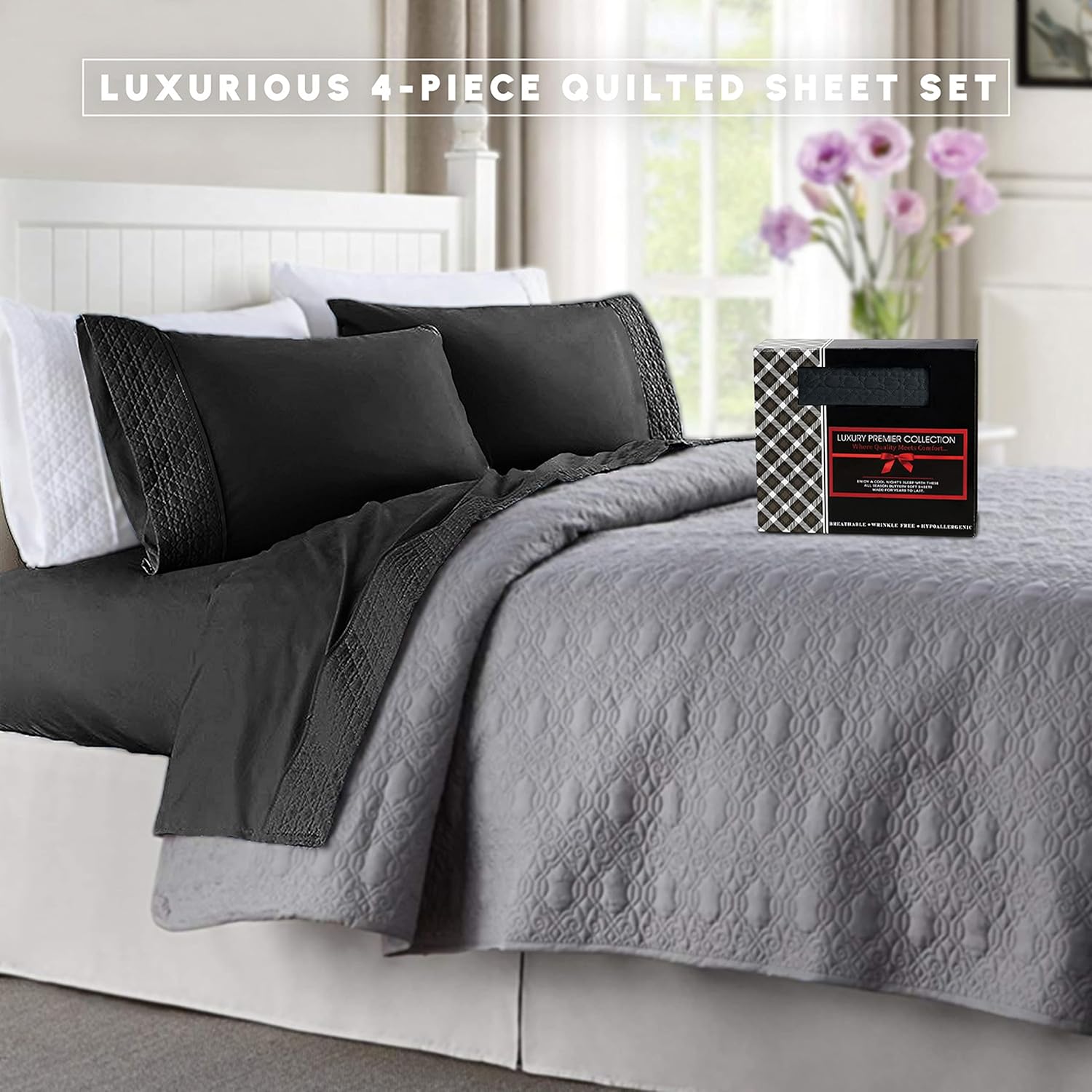 Elegant Comfort Luxurious 4-Piece Quilted Bed Sheet Set - Gift Box - 1500 Thread Count Egyptian Quality Softness - Wrinkle Resistant - All Around Elastic Fitted Sheet, Deep Pocket, Queen, Black