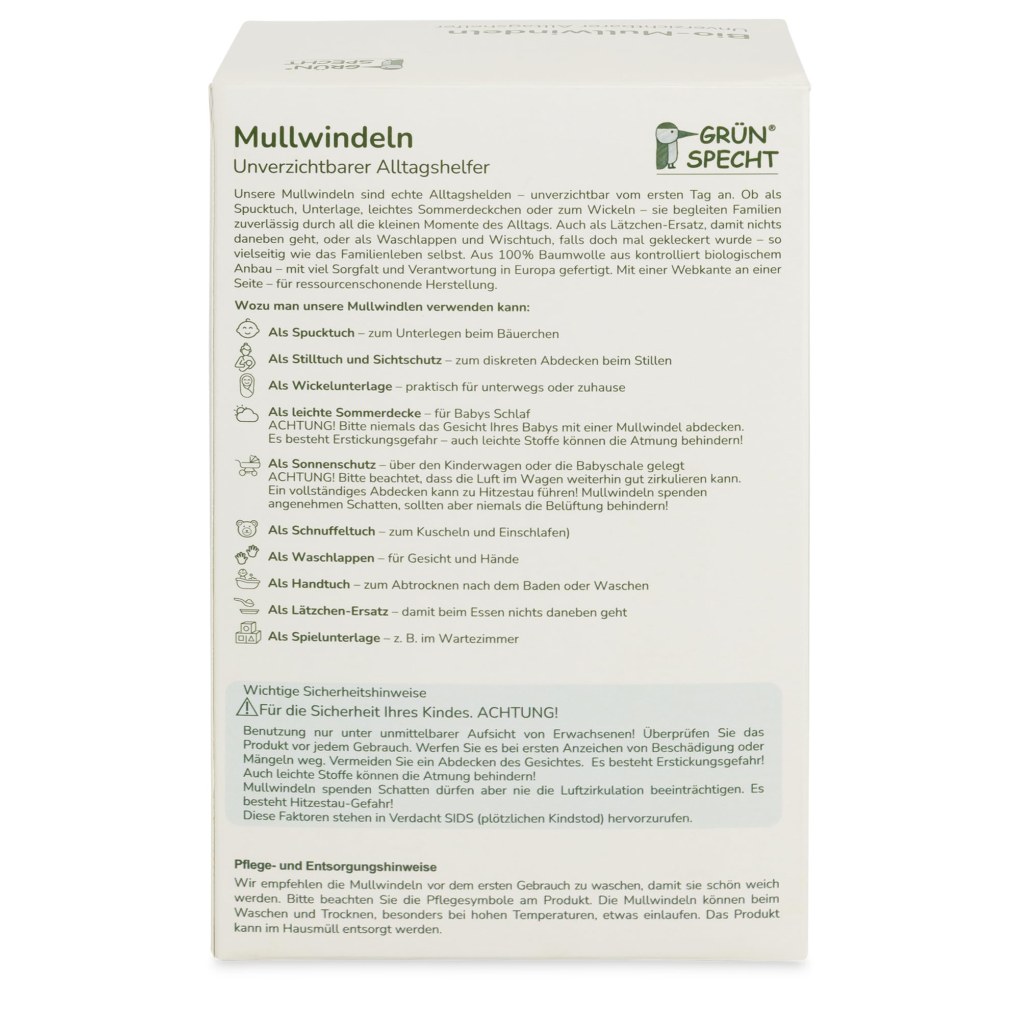 Grünspecht 692-00 Lot de 5 langes bio en mousseline 100% coton (kbA) sans azurants optiques, doux pour la peau et absorbants Blanc 70 x 70 cm