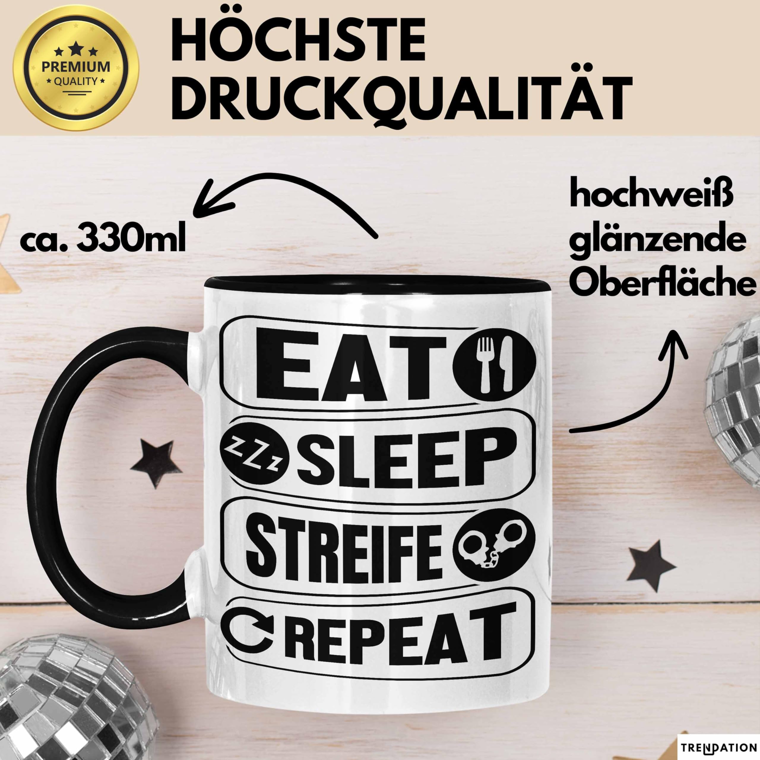 Polizei-Spruch Tasse 'Eat Sleep Streife Repeat' – 330 Ml, Weiß, Spülmaschinenfest, Lustiges Geschenk