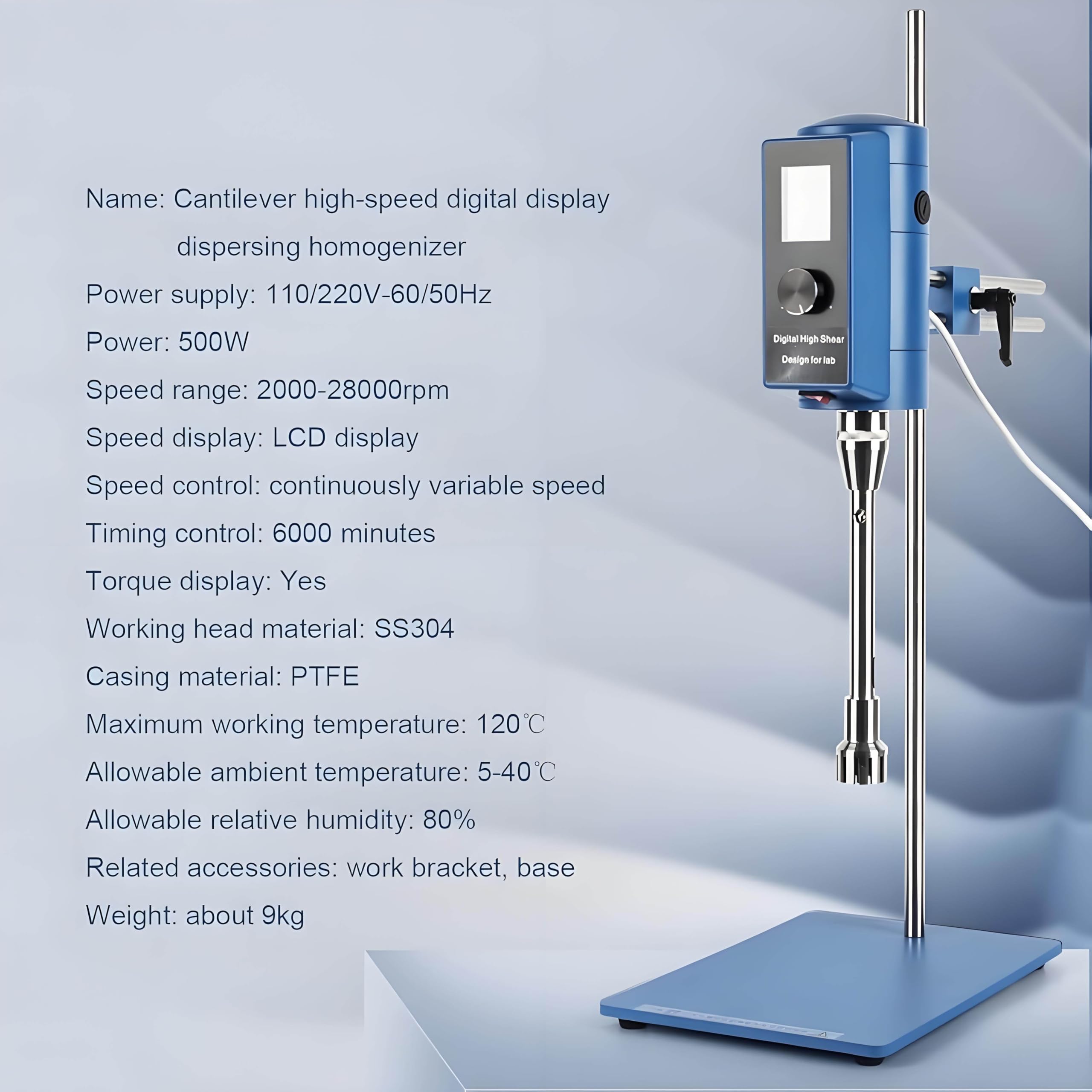 Hochschermischer-Homogenisator, 500 W Hochgeschwindigkeits-Digitalanzeige-Emulgator, Labor-Dispergierhomogenisator, 5~10000 ml, Geschwindigkeit einstellbar 2000~28000 U/min 18G