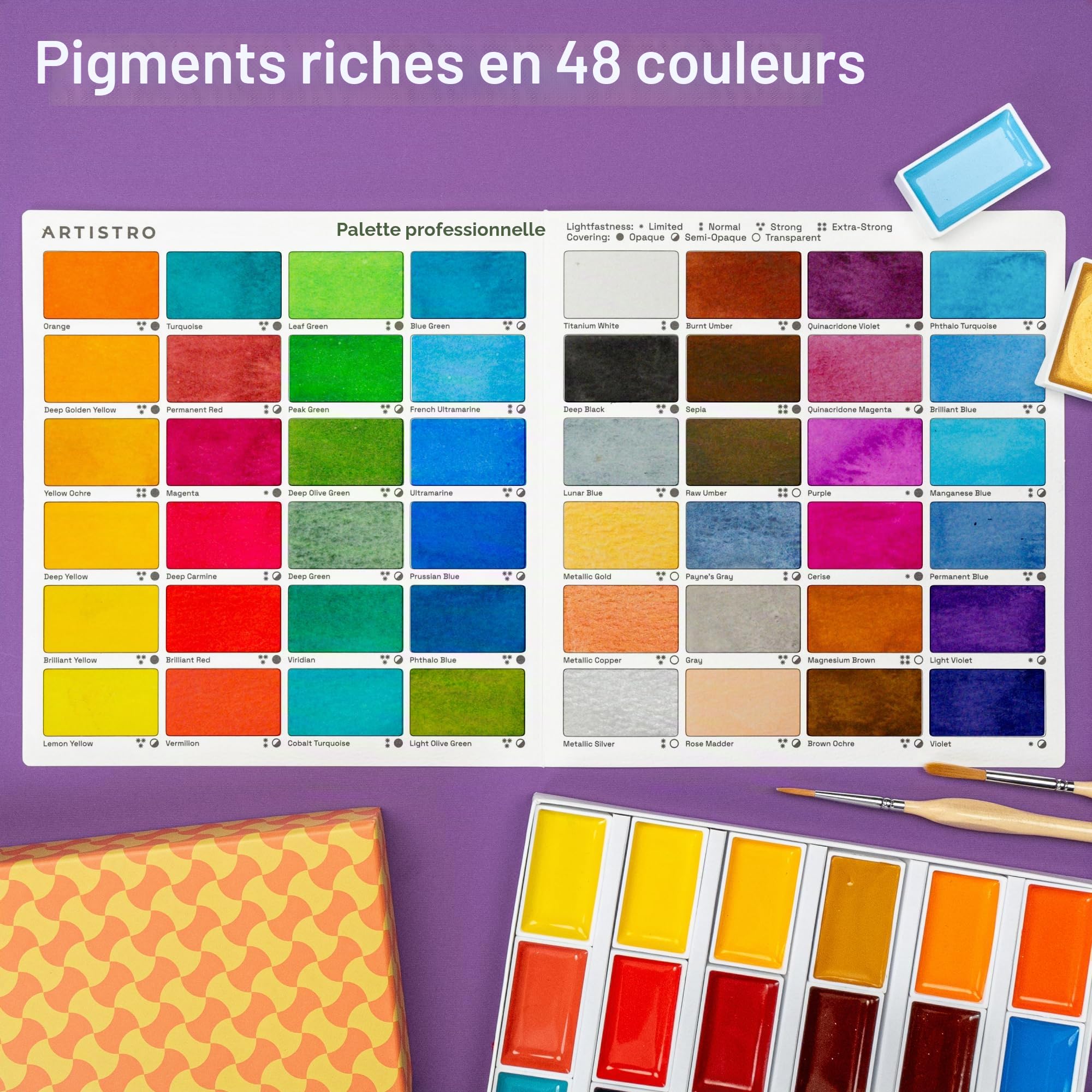Artistro Aquarelle - 48 couleurs riches en pigments, godets XL, ASTM-I, haute résistance à la lumière et forte intensité colorante - pour adultes et enfants