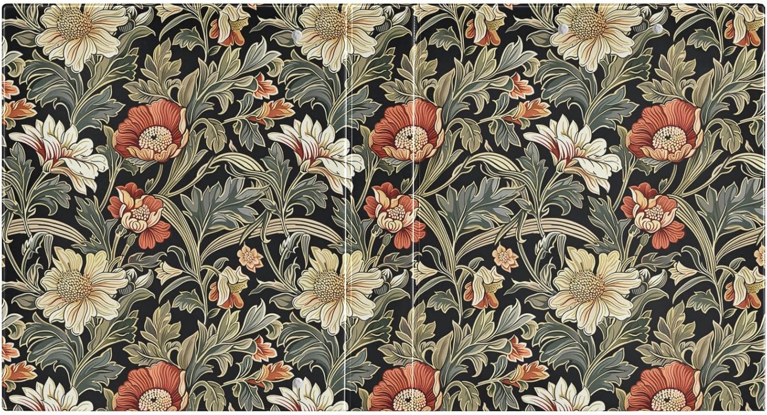 William Morris Style Floral Green Black 3 Ring Binder 1.5" Decorative D-Ring Binder with Clipboard&3 Clear Pockets, Holds 200 Sheets A4 Size Paper Waterproof Binders for School Home Office|2 Pack