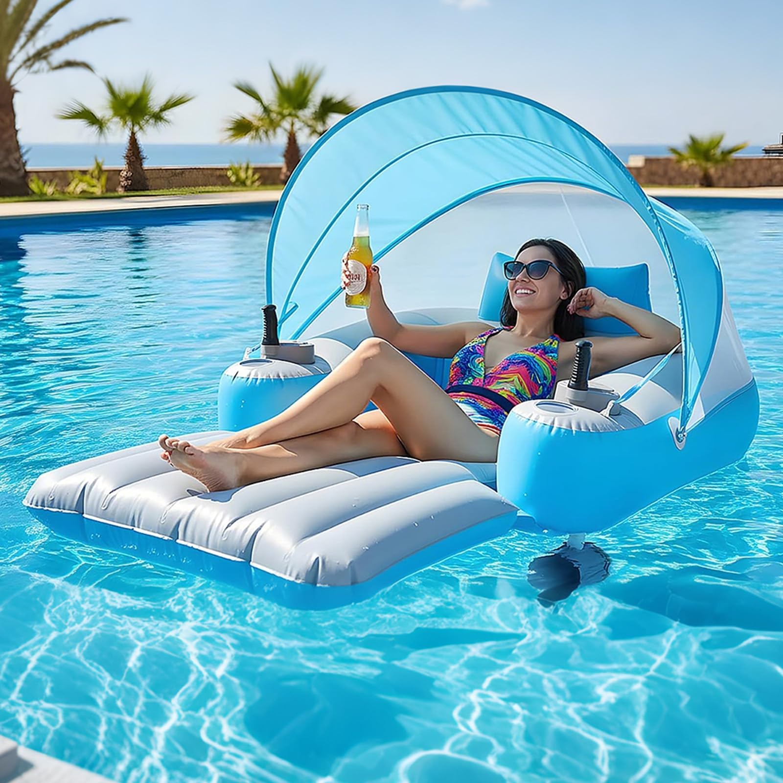 Lettino motorizzato per piscina, galleggiante motorizzato con tettuccio parasole staccabile, elica elettrica girevole a 360 gradi, zattera galleggiante in PVC resistente per piscine, laghi e feste in