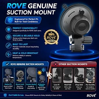 ROVE Suction Cup Mount for R2-4K, R2-4K PRO and R2-4K Dual Dash Camera Models | OEM 360 windshield suction cup mount, tool-free install, secure hold, easy removal, fits R2 Series dash cameras
