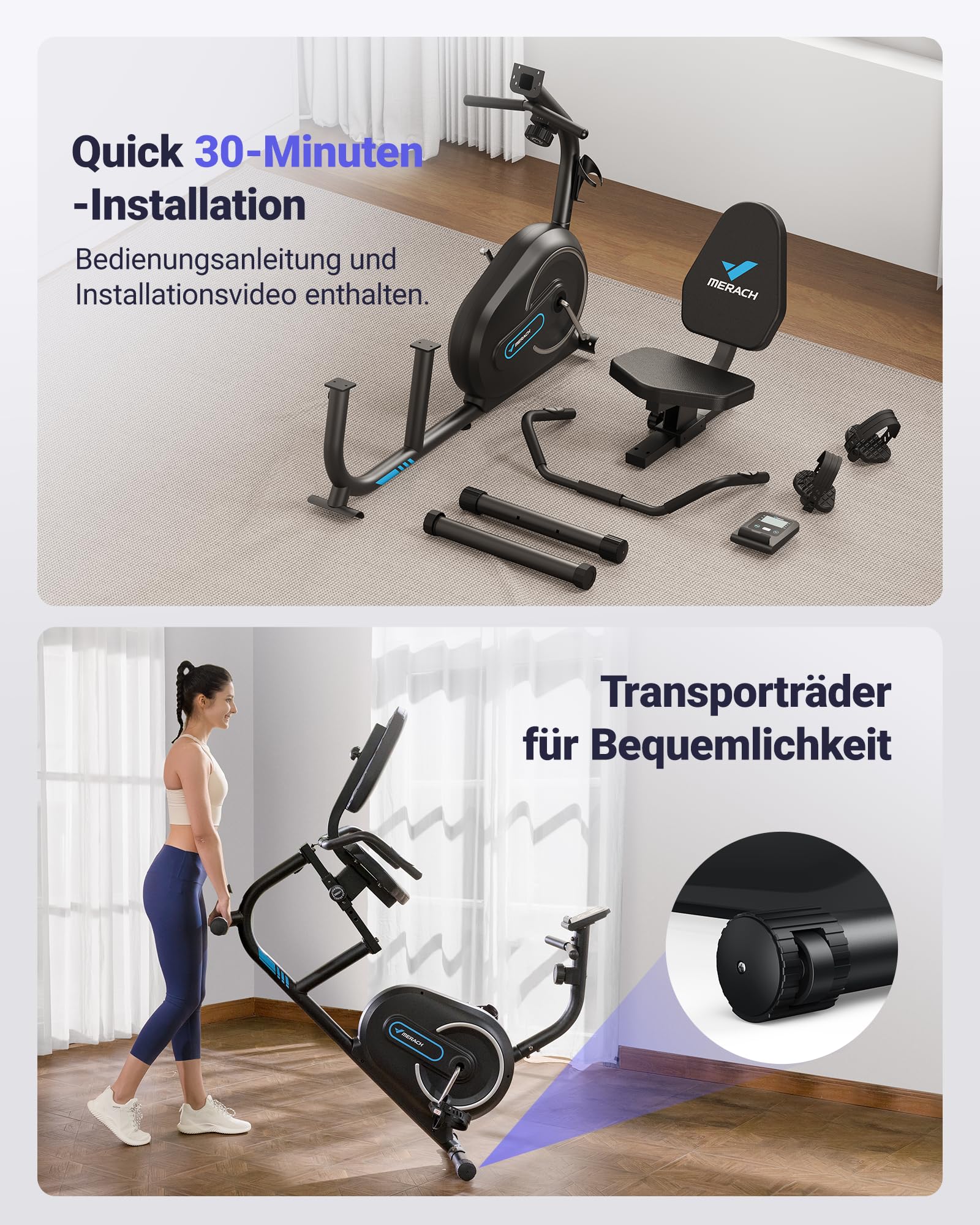MERACH Liegeergometer für Zuhause mit 8-stufigem Magnetwiderstand, leiser Heimtrainer Fahrrad mit Smart Bluetooth, App-kompatibel, LCD-Display, Herzfrequenzsensoren, verstellbare Rückenlehne, S08/S23
