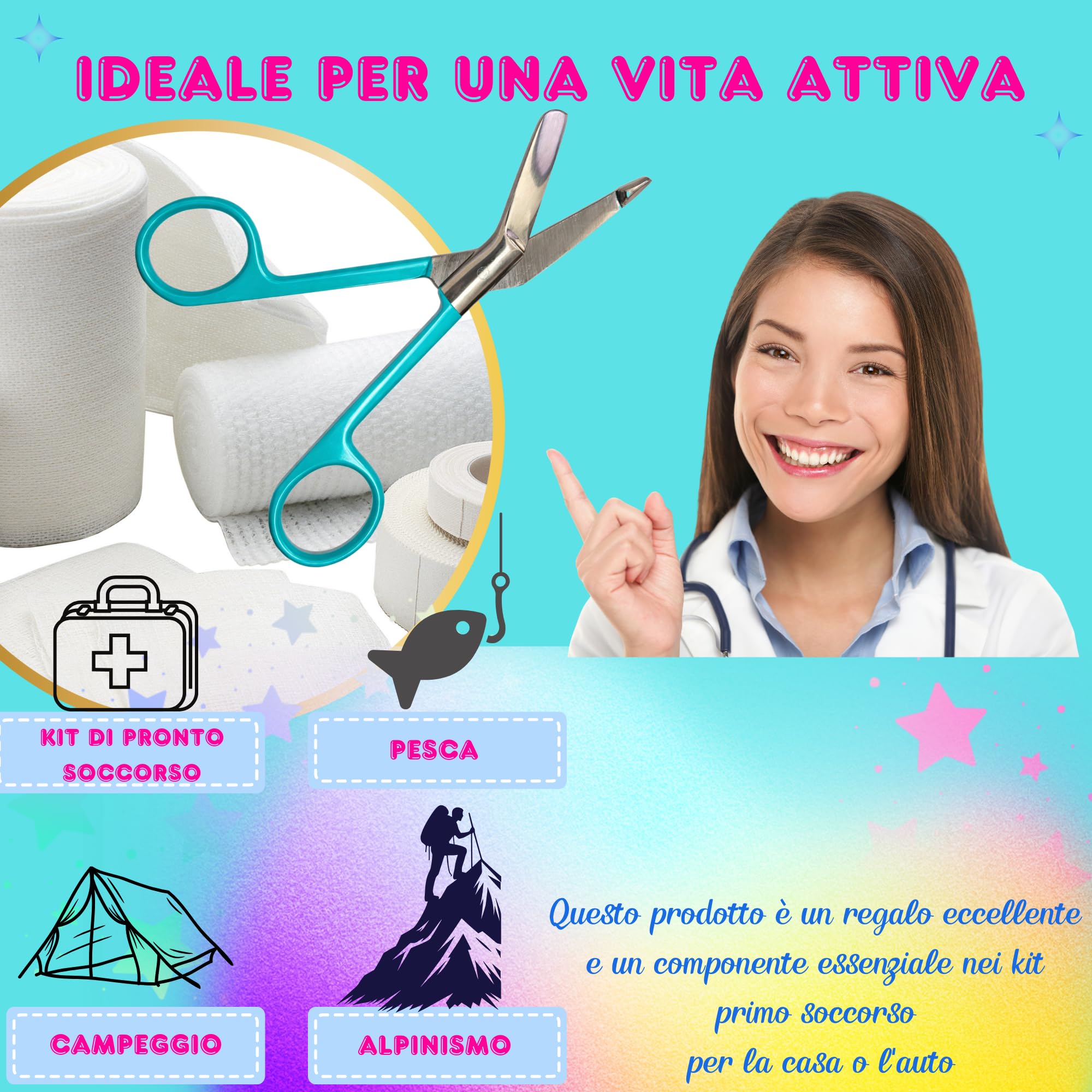 YUME Forbici Infermiere + Portachiavi retrattile regalo | Forbici Infermiera per Bendaggio | Forbici infermiera Curve, Punta Arrotondata (BLU)