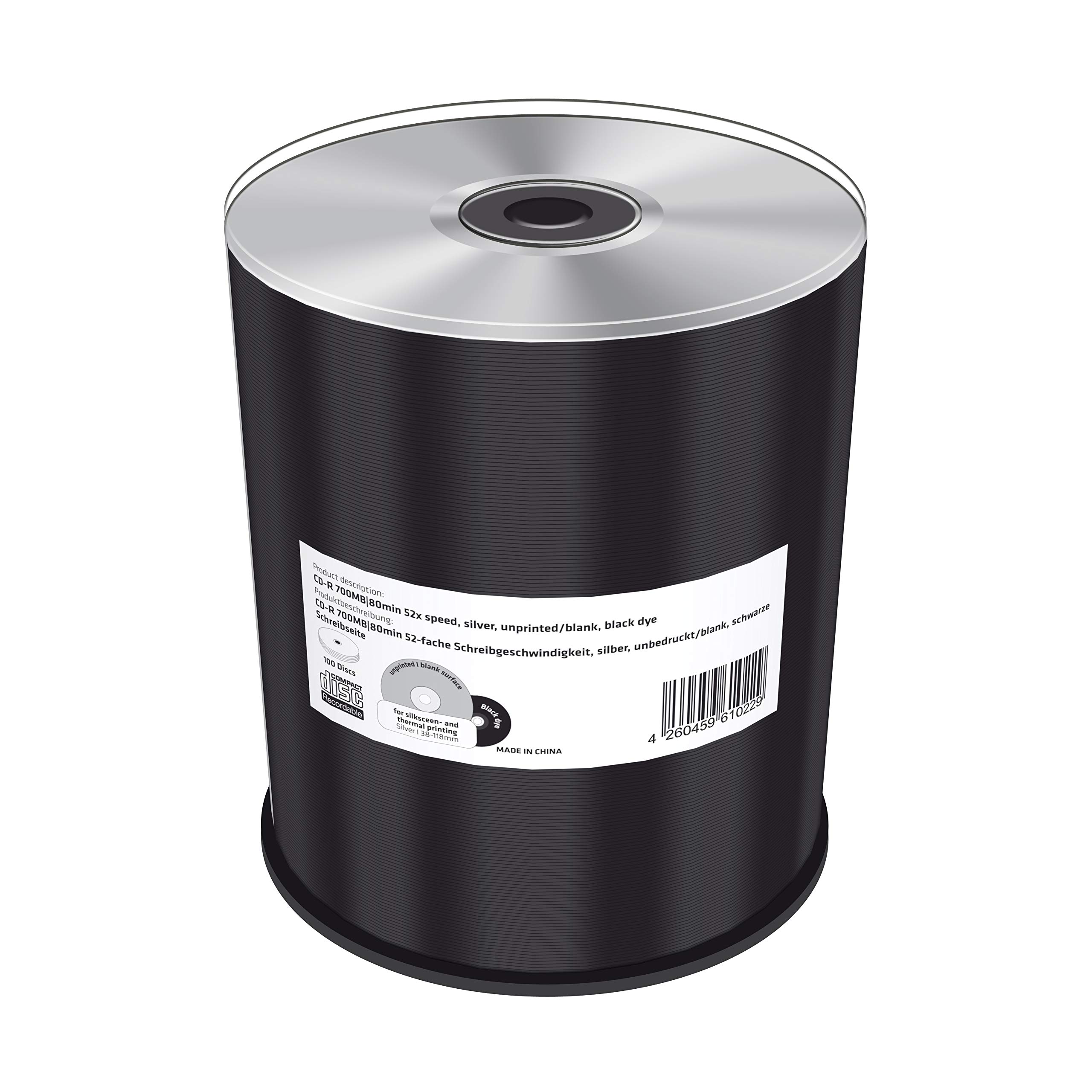 CD-R 700 Mb/s 80 Min 52x Speed, Silver, Unprinted/Blank, Black Dye, Cake 100