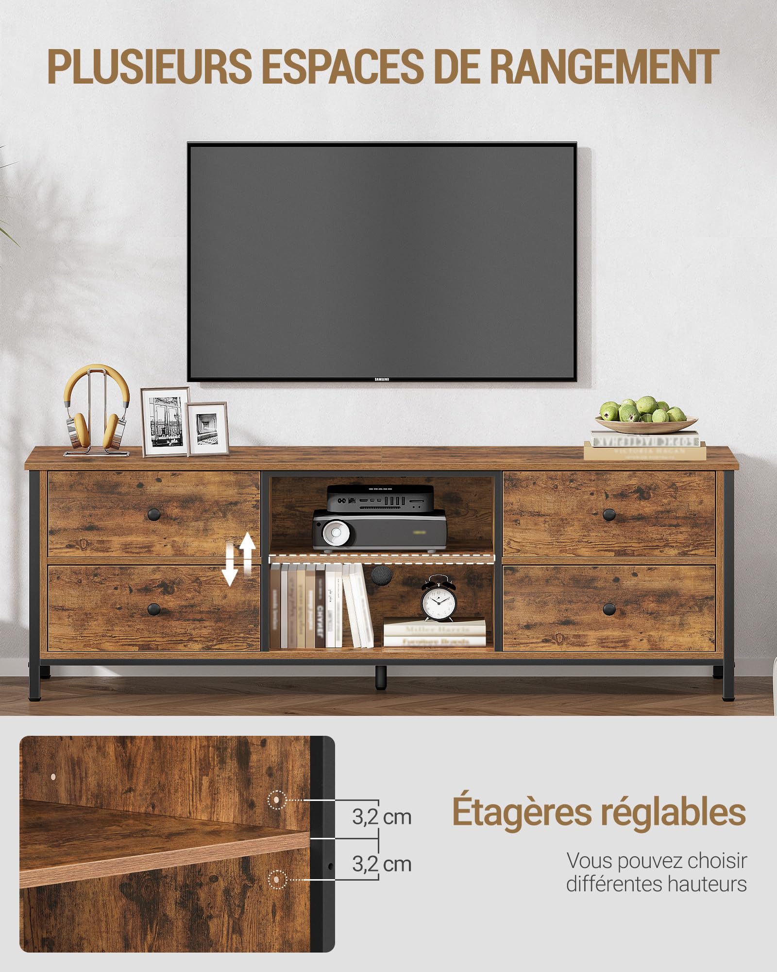 Hzuaneri Meuble TV, 147 cm Marron Rustique, avec 4 tiroirs 2 Compartiments