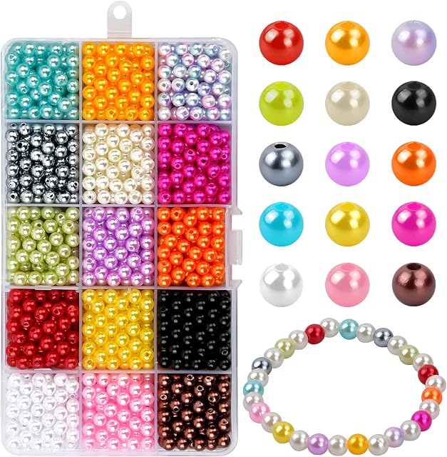 1500PCS Pearl Beads, 15 Color 6mm Round Glass Pearl Beads, Mixed Imitation Pearl Round Beads with Case, for Jewelry Making DIY Crafting Earring Necklace Bracelet Ring