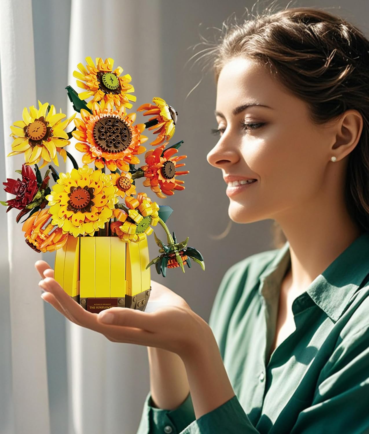 2 in 1 Sunflower Building Blocks for Adult - Artificial Flower Bouquets Building Set Van ggh Art Collection, Transforms from Sunflower Vase to Dinner Table Centerpieces, Home Decor Gift for Valentines