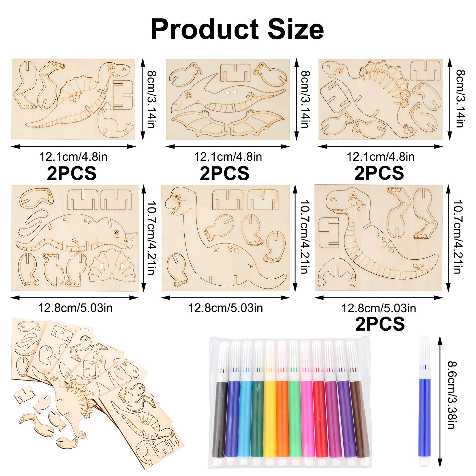 Fulushouxi Zestaw do majsterkowania z 10 dinozaurami z drewna, 3D puzzle z dinozaurami, zestaw DIY do urodzin smoka do malowania i robótek, materiały do robótek na imprezę z 12 piórami