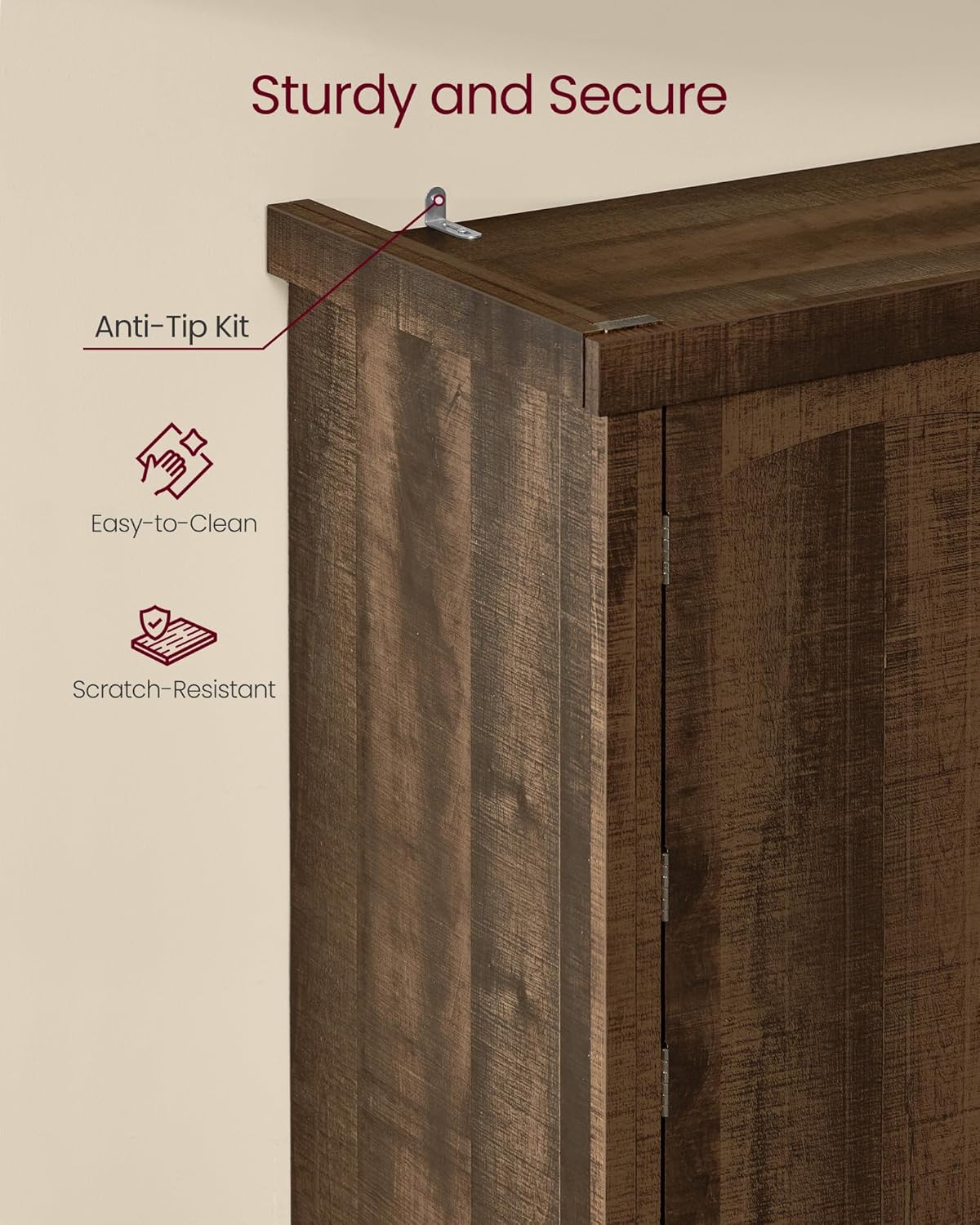 Diagram illustrating the adjustable shelves within the pantry cabinet, showing three height options for customization.