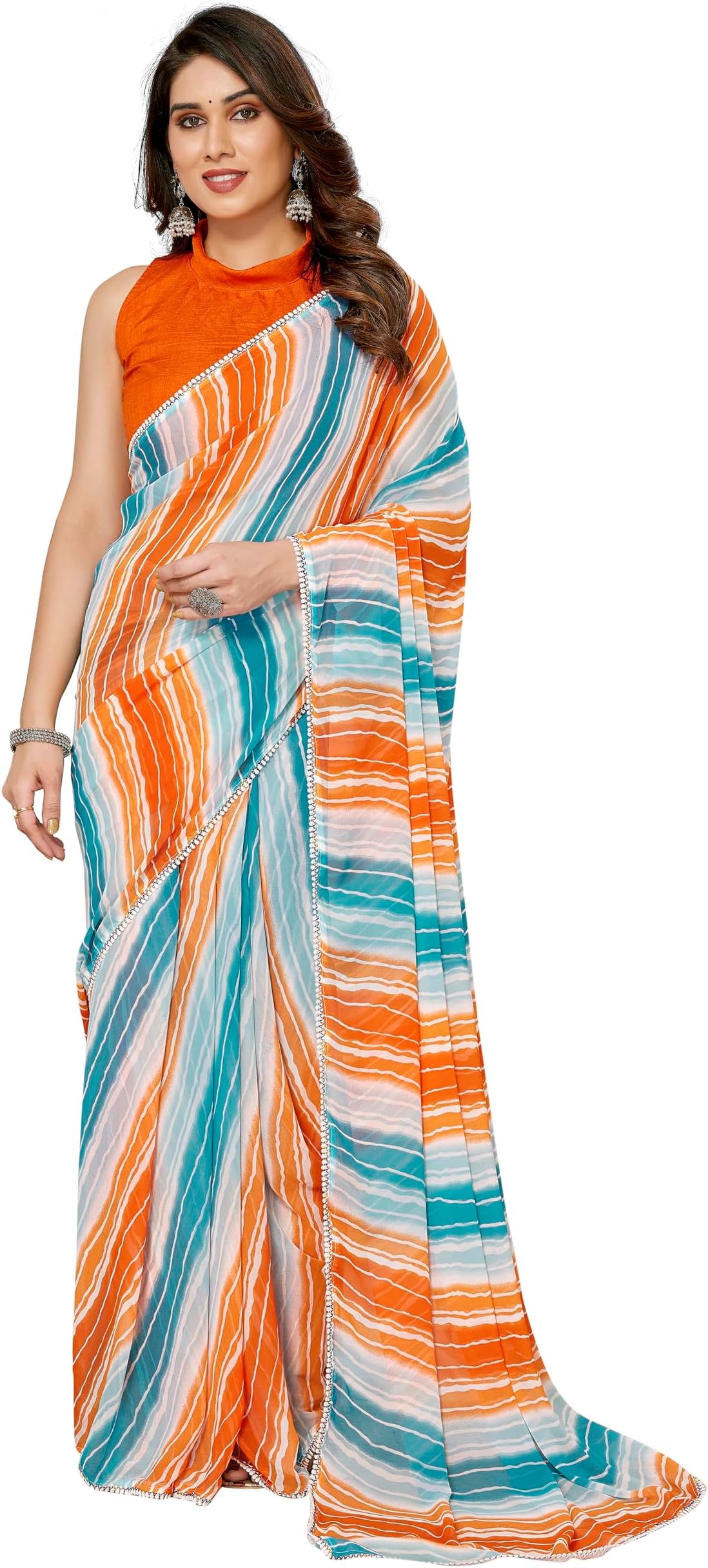 MOHIT CREATIONS Women's Party Wear Georgette Printed Border Ready To Wear Saree With Unstiched Blouse Piece