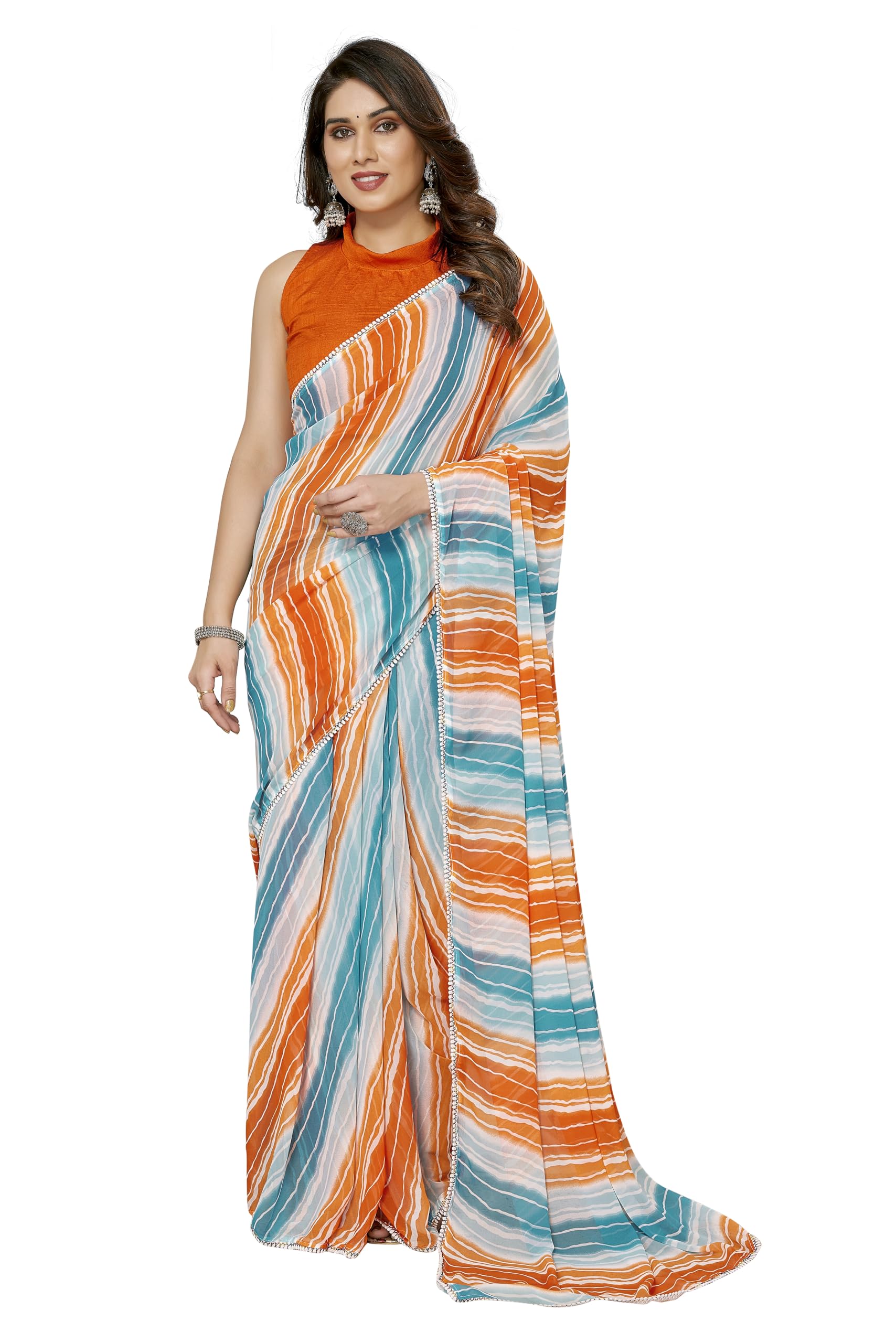 MOHIT CREATIONS Women's Party Wear Georgette Printed Border Ready To Wear Saree With Unstiched Blouse Piece