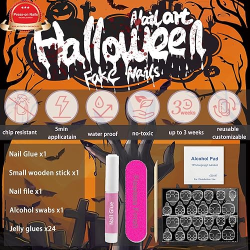 Miniatura 5 de Uñas postizas largas a presión de Halloween, uñas postizas de almendra, diseño de esqueleto gótico, uñas adhesivas de cobertura completa, uñas