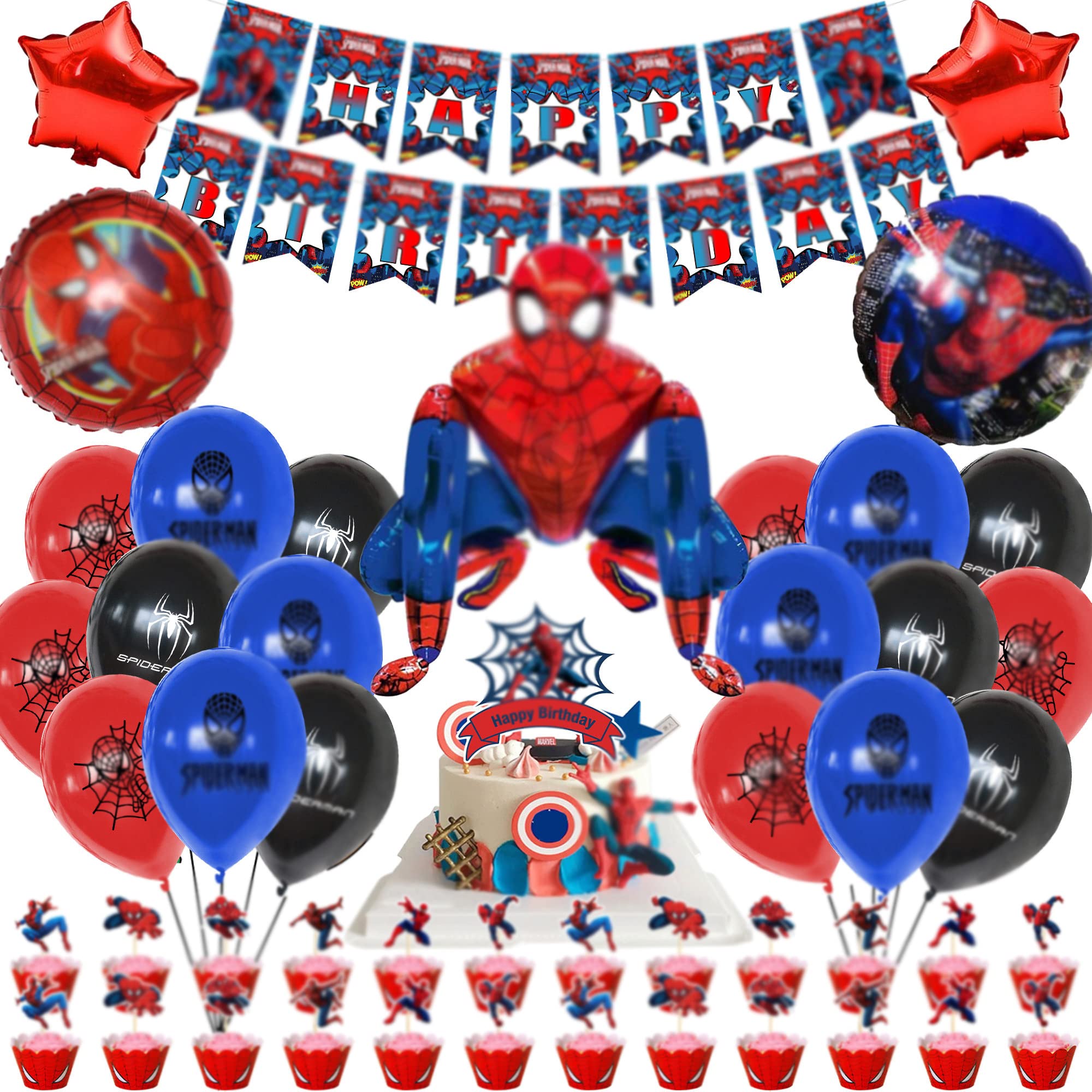 49 Pcs Spider Party Supplies, Super Spider Birthday Themed Party Supplies, Spider Banner, Foil Balloons, Cake Topper for Kids Birthday Party Supplies Decor Decoration