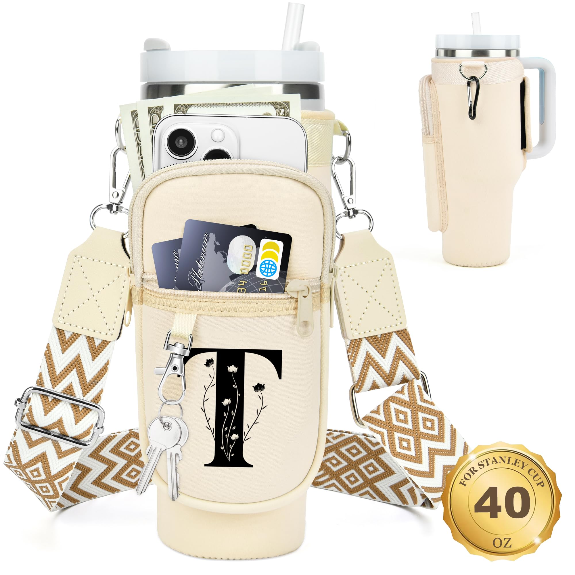 Initial Water Bottle Holder with Strap for Stanley Cup 40 oz Tumbler