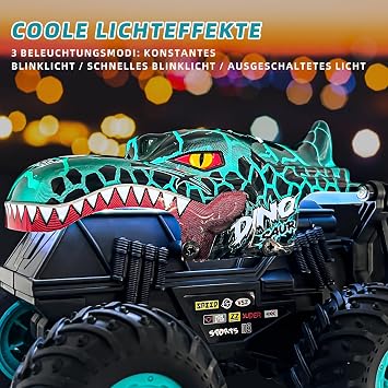 Remote-Controlled Car 2.4 GHz 20 km/h RC Monster Truck 1:20 Remote-Controlled Monster Truck with Upright Walking 360° Rotation LED Light and Music Dinosaur Toy for ages 3–10 Years Boys/Girls