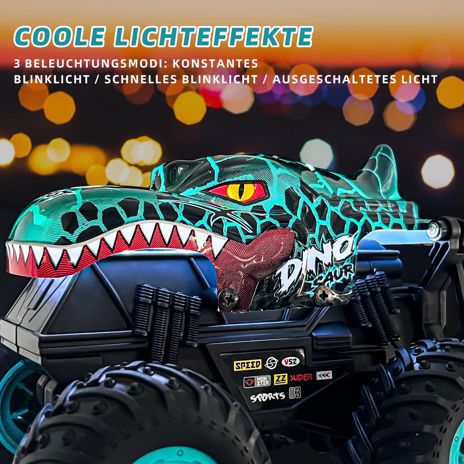 Ferngesteuertes Auto 2,4GHz RC Monstertruck 1:20 20 km/h 360° Drehung LED-Licht Dinosaurier Spielzeug ab 3 Jahre Jungen Mädchen