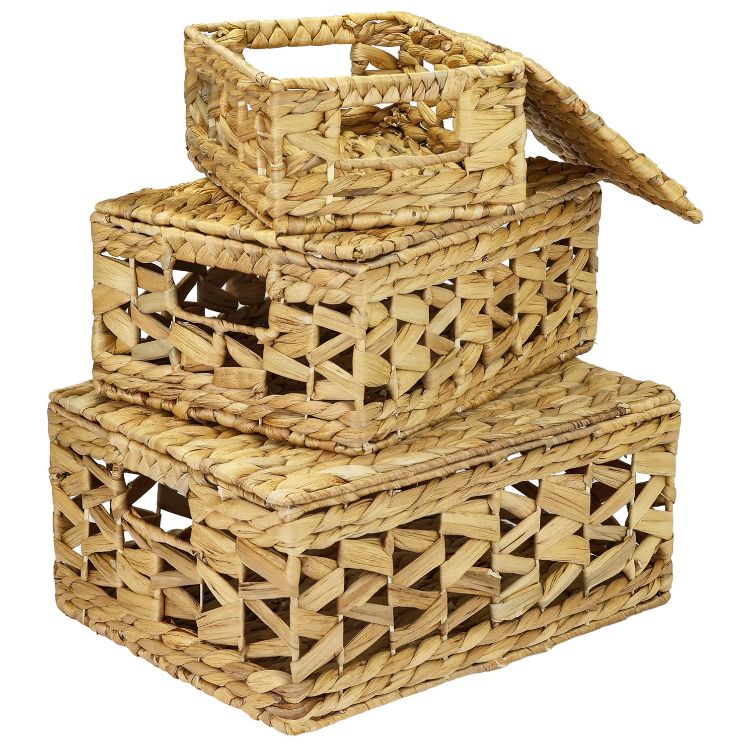 HMF Juego de 3 cestas de almacenamiento con tapa, cestas de junco de mar trenzadas | pequeño, mediano, grande