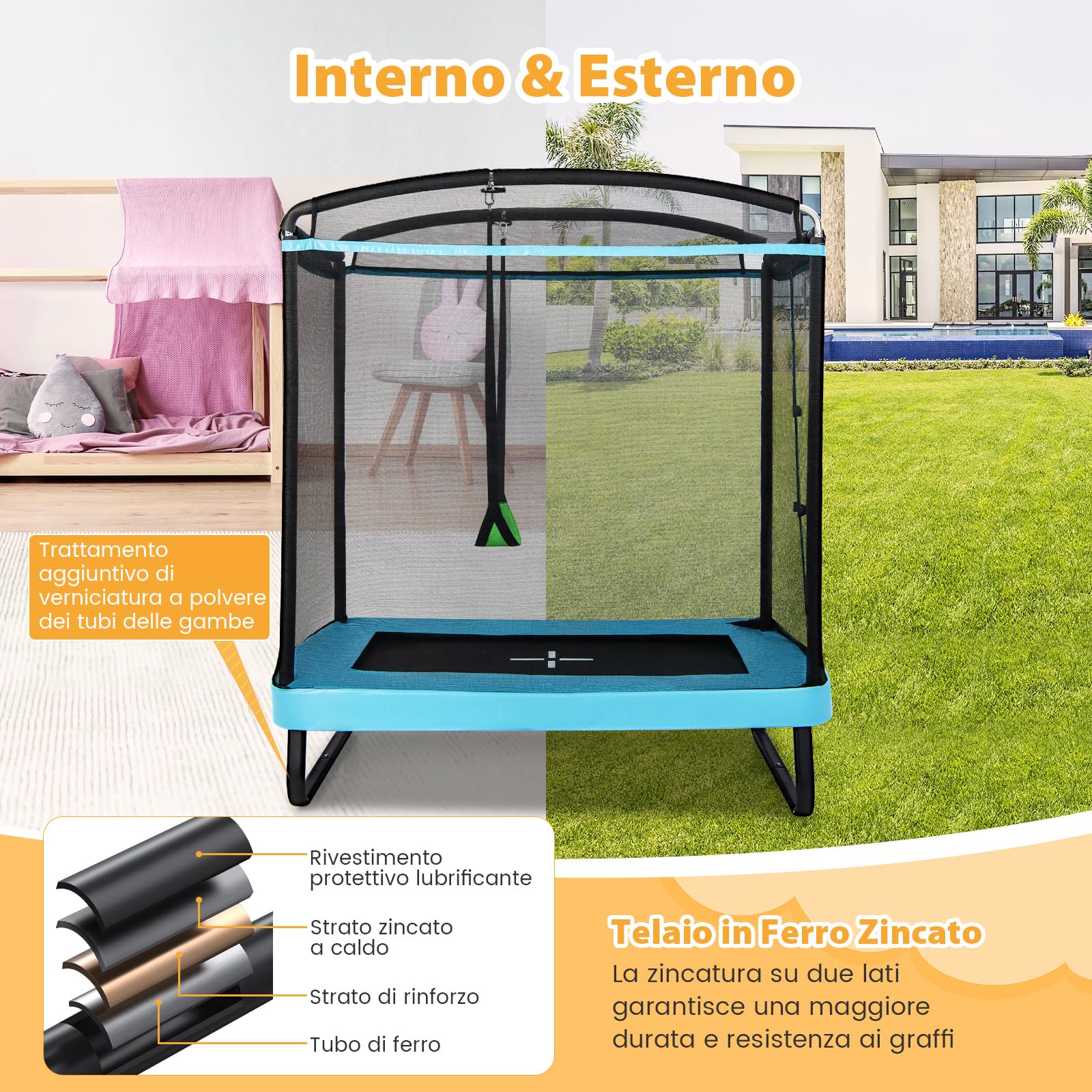 COSTWAY Tappeto Elastico per Bambini da Esterno ed Interno, Trampolino Rettangolare 190CM con Altalena e Rete di Sicurezza per Bambini più di 3 Anni, Portata 100kg