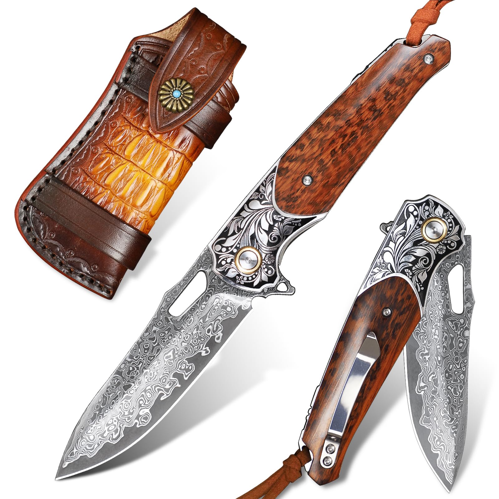 Handgefertigtes Klappmesser aus Damaszenerstahl，EDC-Taschenmesser für Männer und Frauen，Mit Lederscheide und Taschenclip, geeignet für Campingausflüge, Survival-Wanderungen, Angeln im Freien un