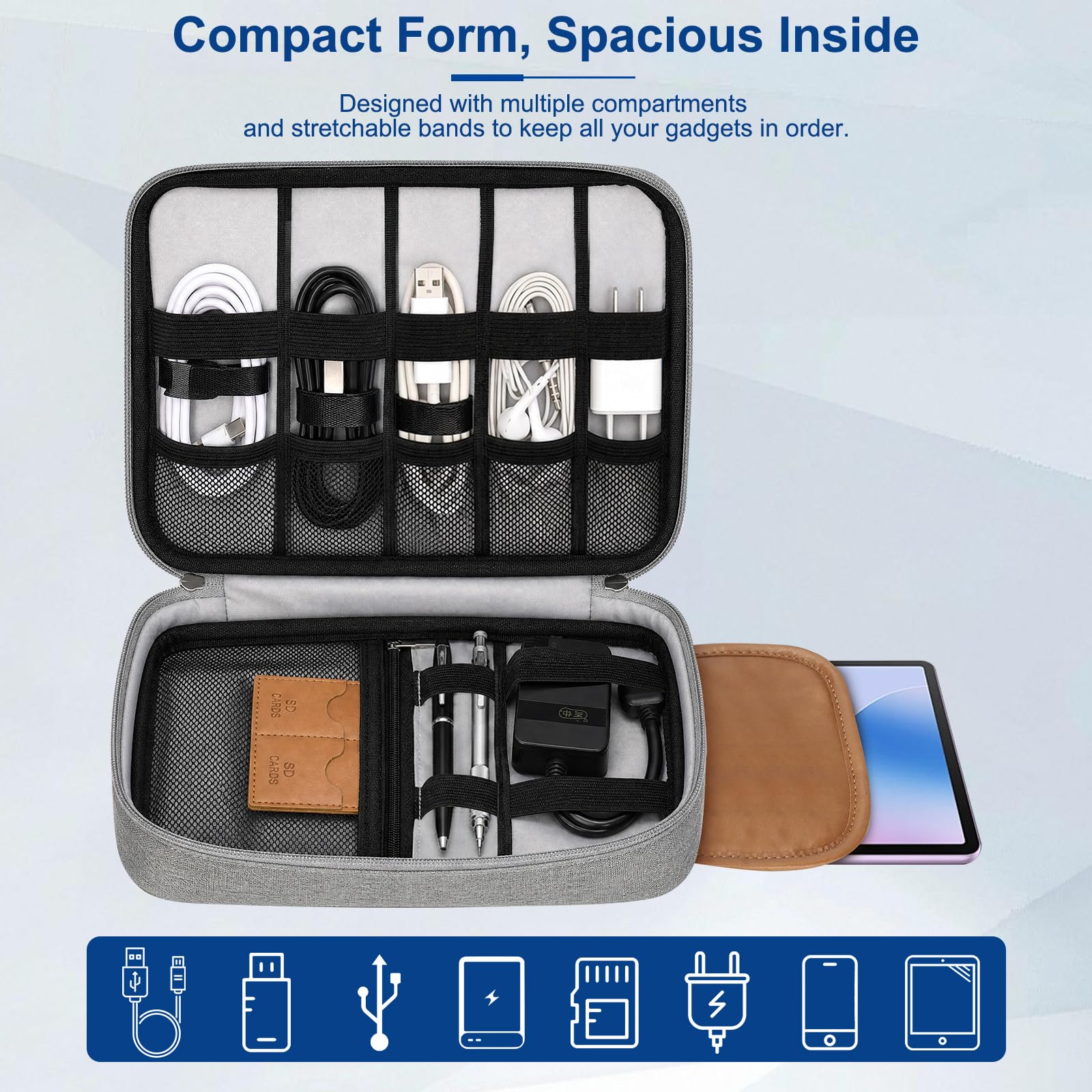 AiQInu Pochette Organisatrice Électronique avec Poche iPad Mini, Fente pour Carte SD, Gris