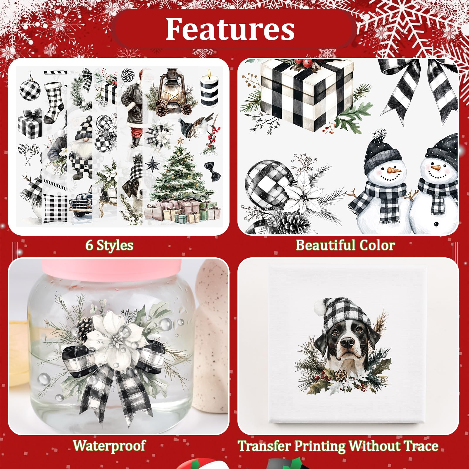WANDIC 6PCS Christmas Black And White Pattern Rub On Transfer Stickers - Image 4
