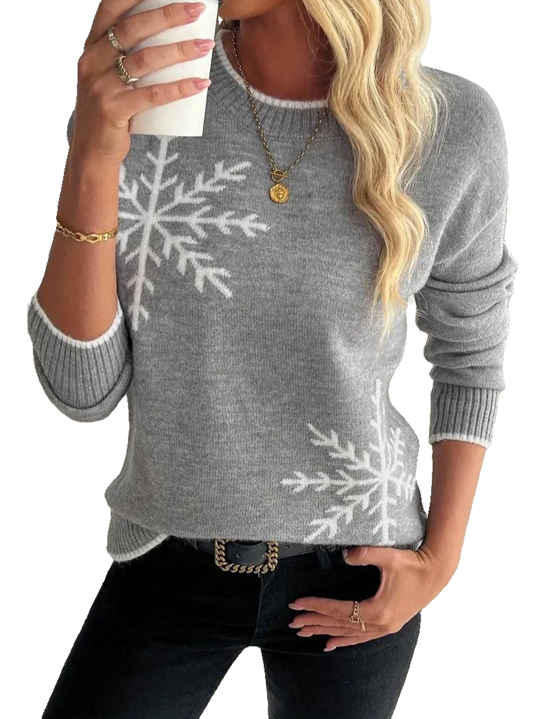 Demegimi Pullover Damen Schneeflocken Weihnachtspullover Rundhals Elegant Strickpullover Herbst Langarm Oberteile Winter Pulli Sweatshirt