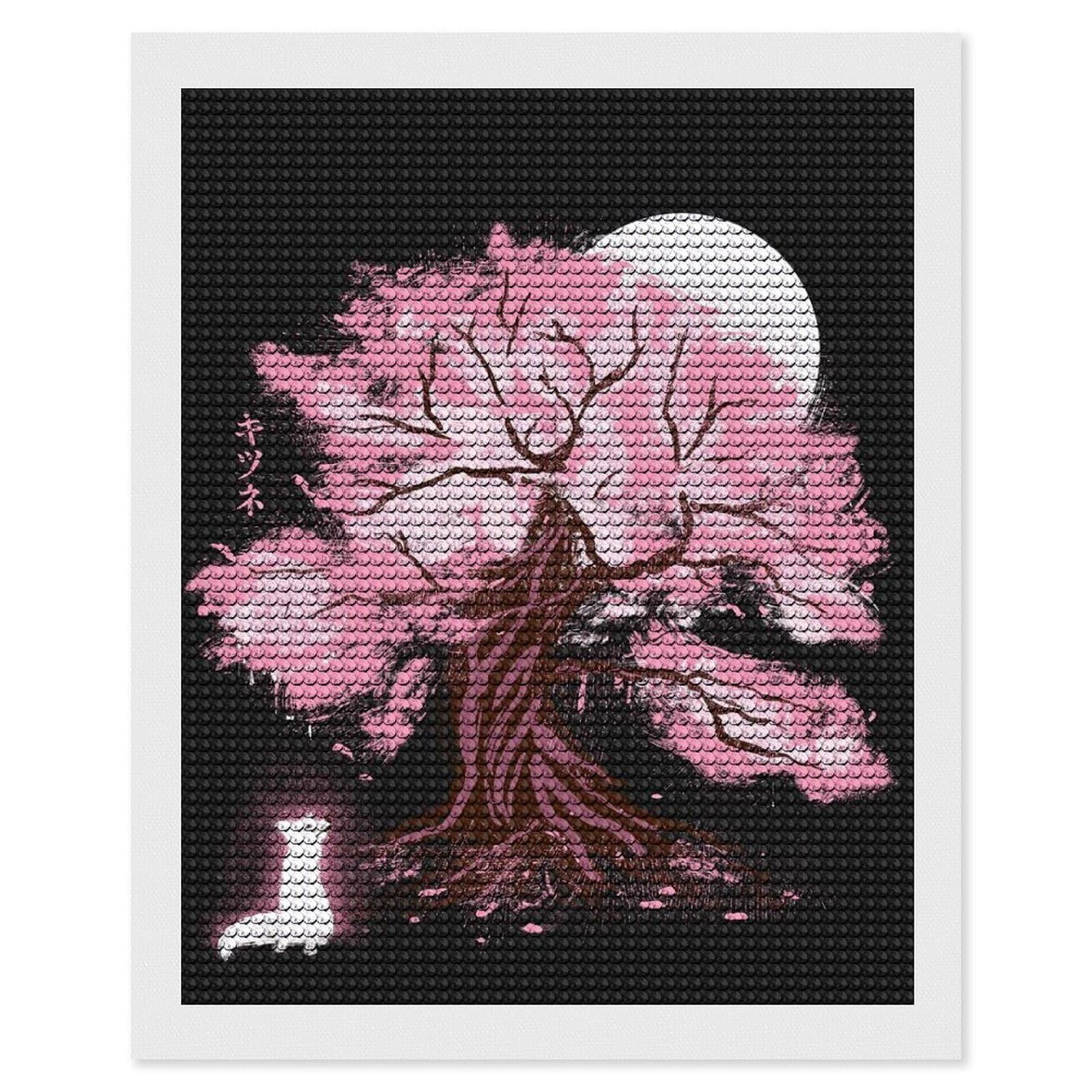 Junmoney Fox at Sakura Tree DIY Diamond Art Canvas Kit 16"x20", Simple to Start, Fun Craft Experience, Modern Decor, Gift Idea, Adhesive Canvas
